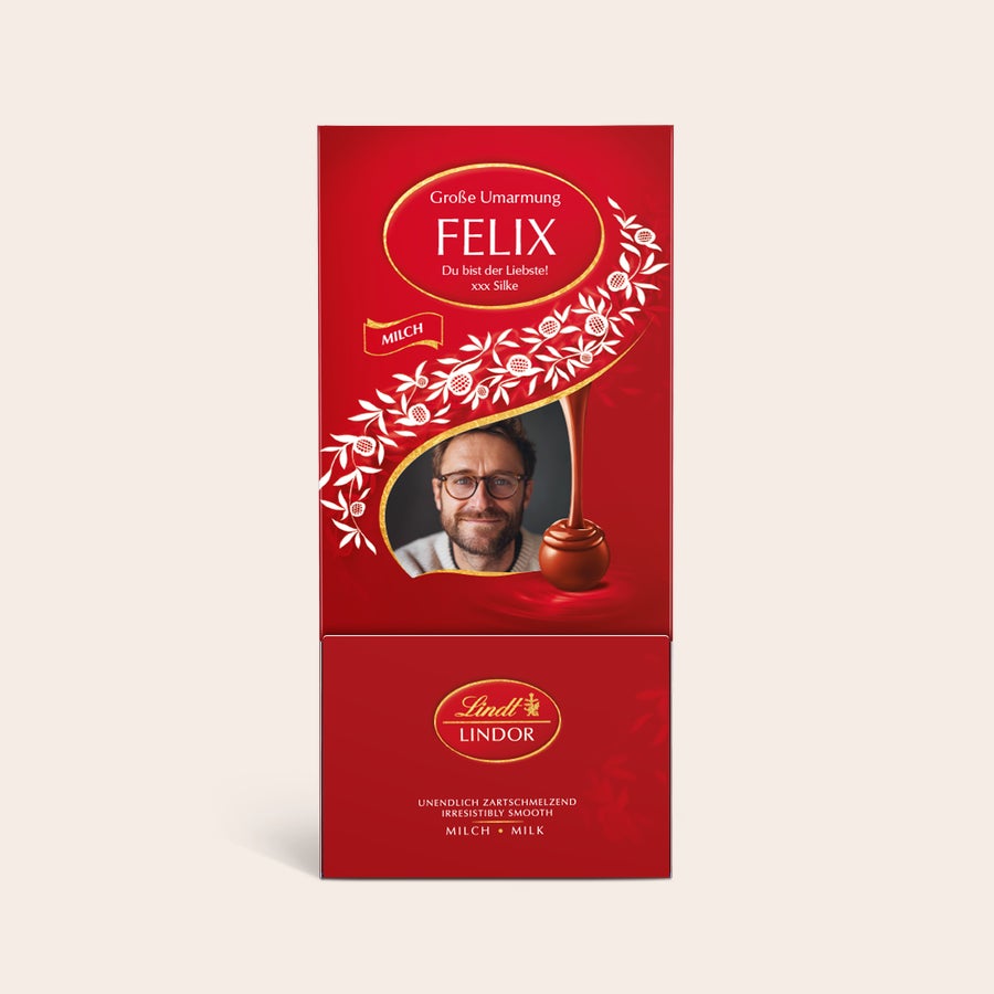 Lindt Dispenser Personalisierte Lindt Schokoladen Geschenkbox mit Foto von Felix, Name Felix und Text "Du bist der Liebste! xxx Silke" bedruckt