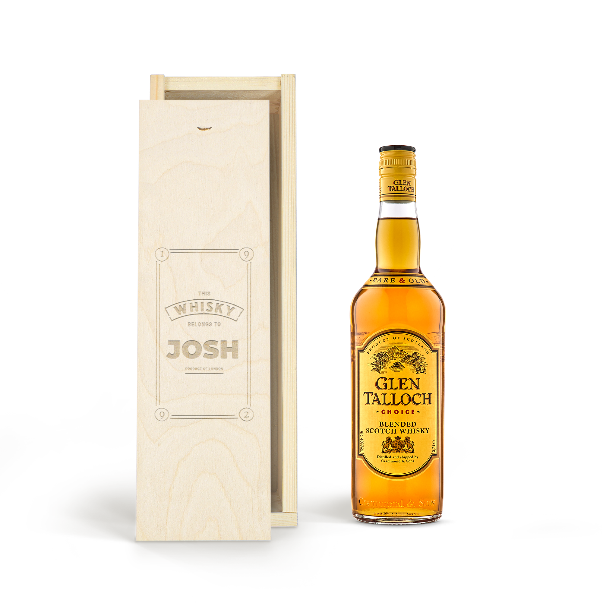 Glen Talloch whisky bottle next to an engraved wooden case with the name Josh