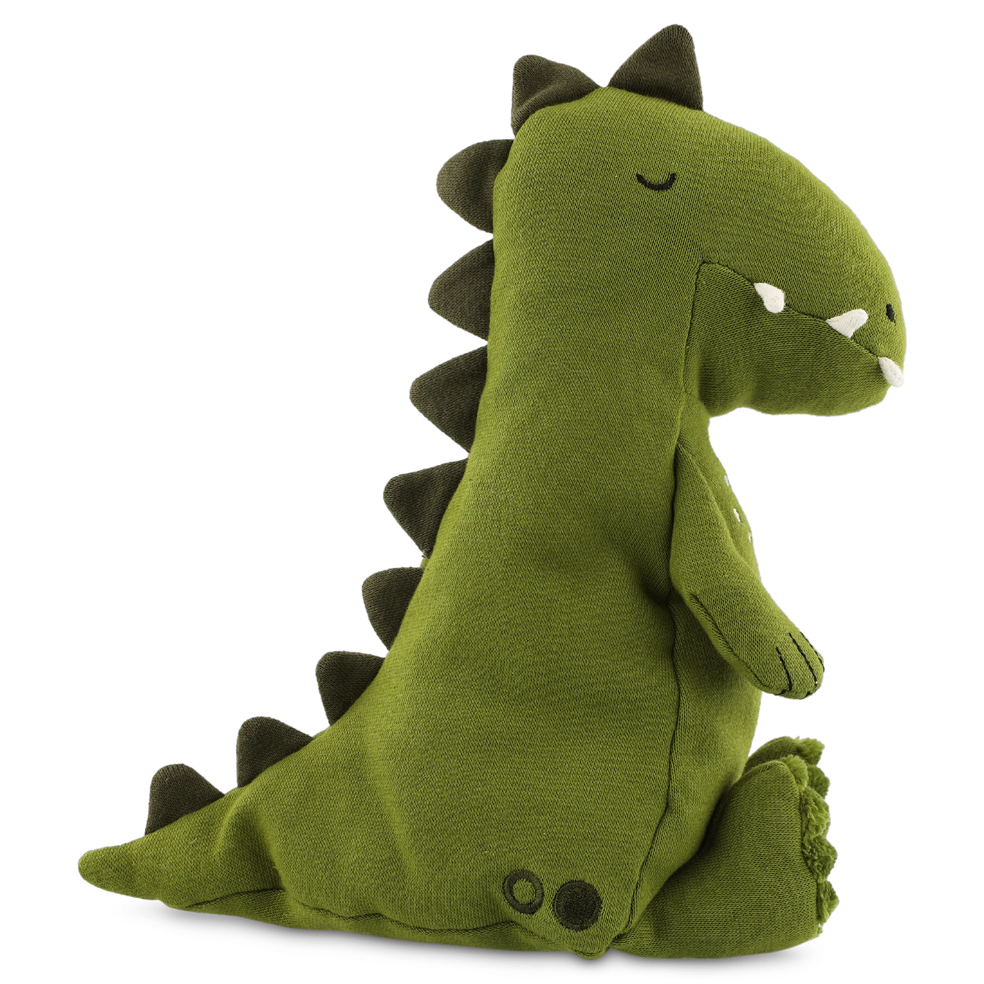 Green dinosaur personalised cuddly toy with an embroidered snout, printed with a name or text