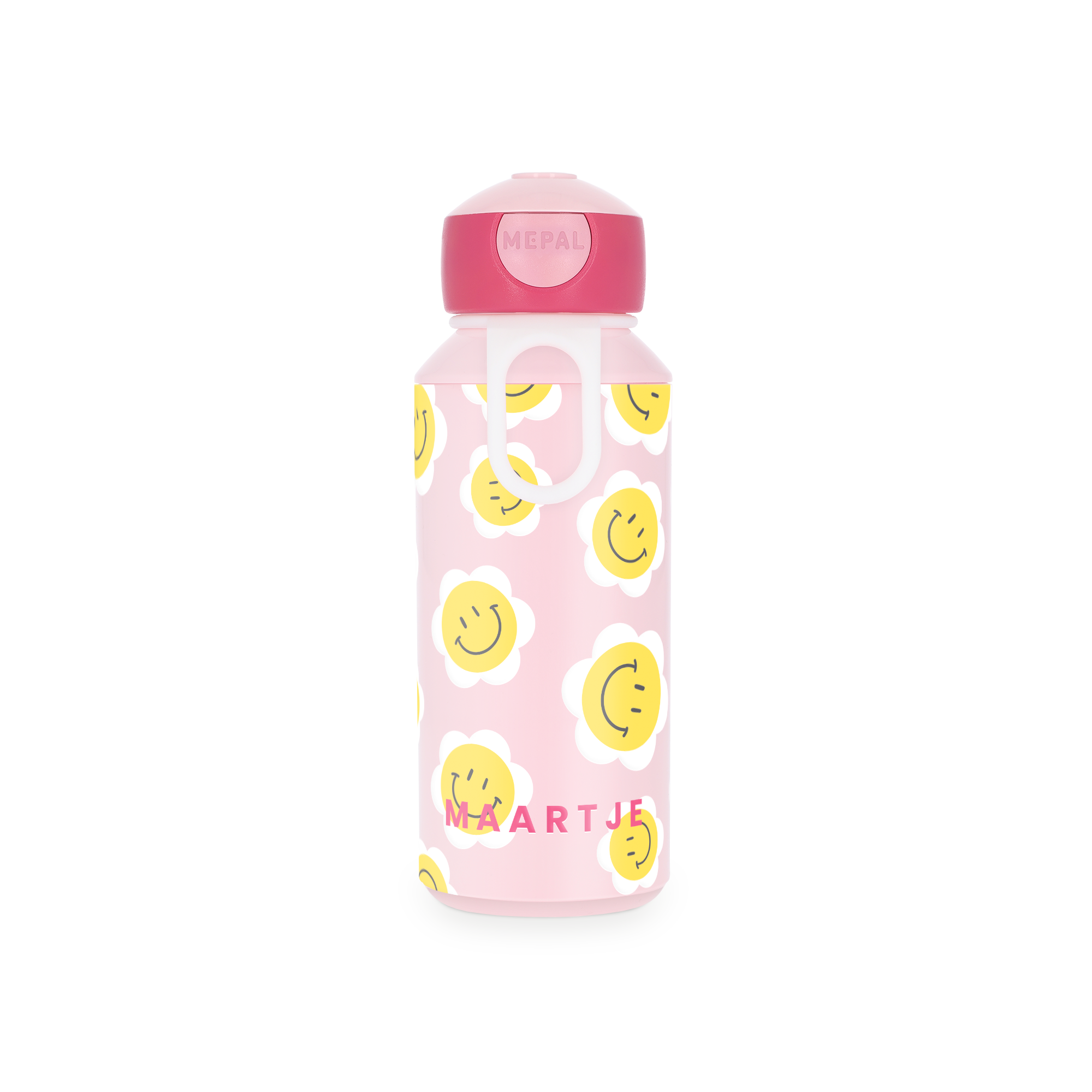 Roze Mepal drinkfles met vrolijke smileys, gepersonaliseerd met de naam Maartje in roze letters.