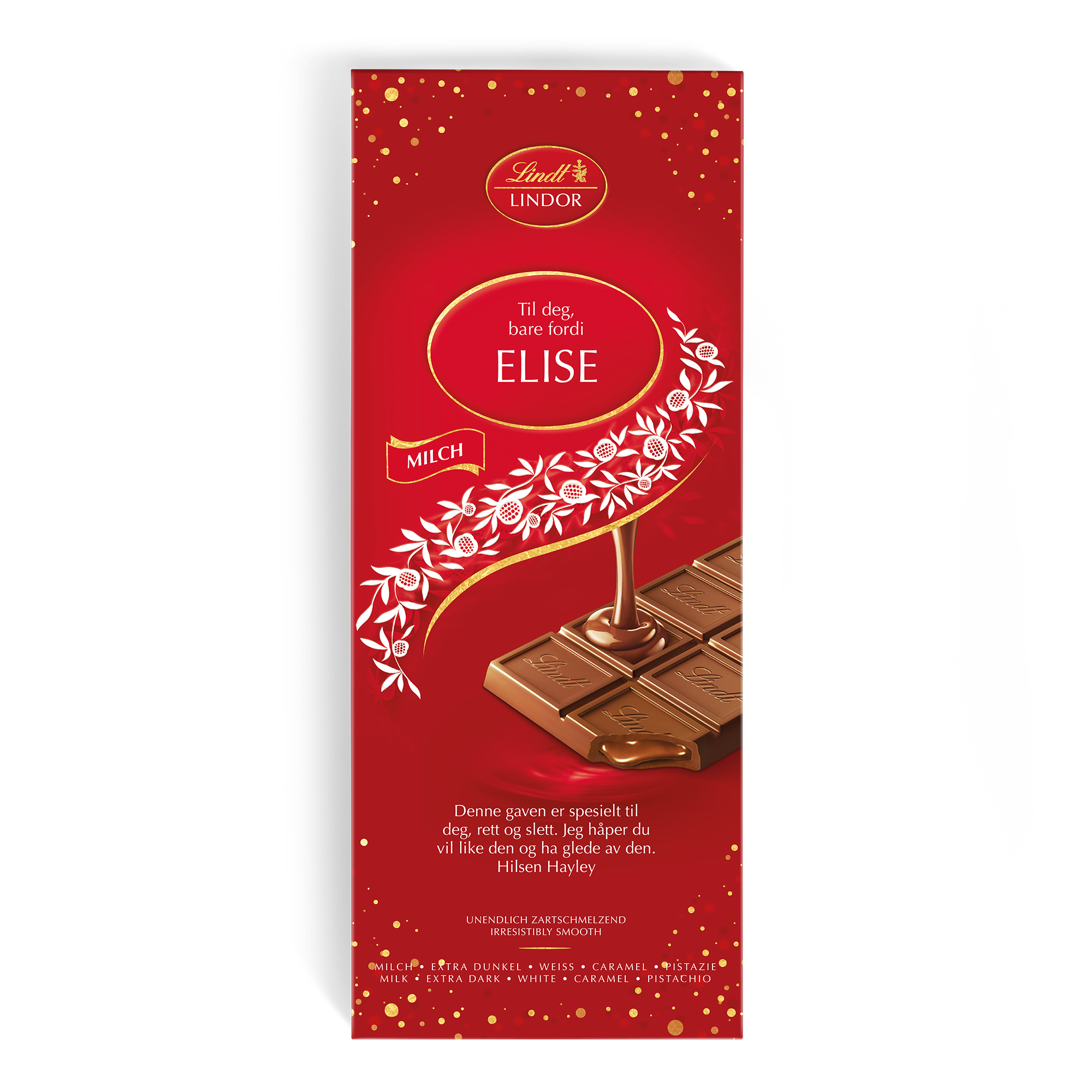 Rød XL Lindor sjokoladegave med navnet "Elise" og tekst trykt på innpakningen.