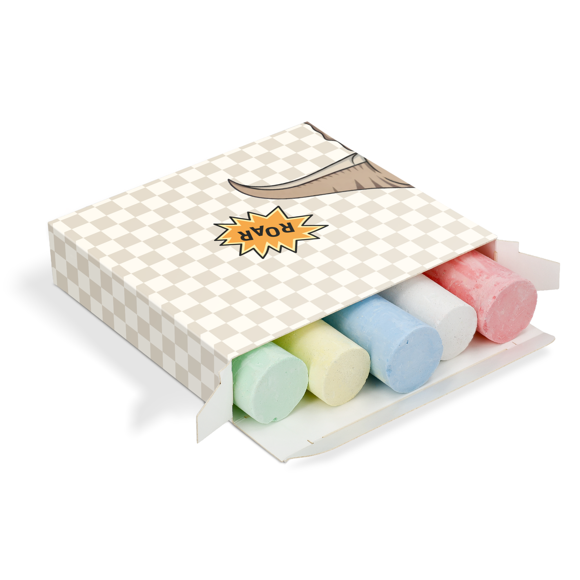 Personalisierte Kreidebox mit ROAR Motiv bedruckt, enthält bunte Kreide