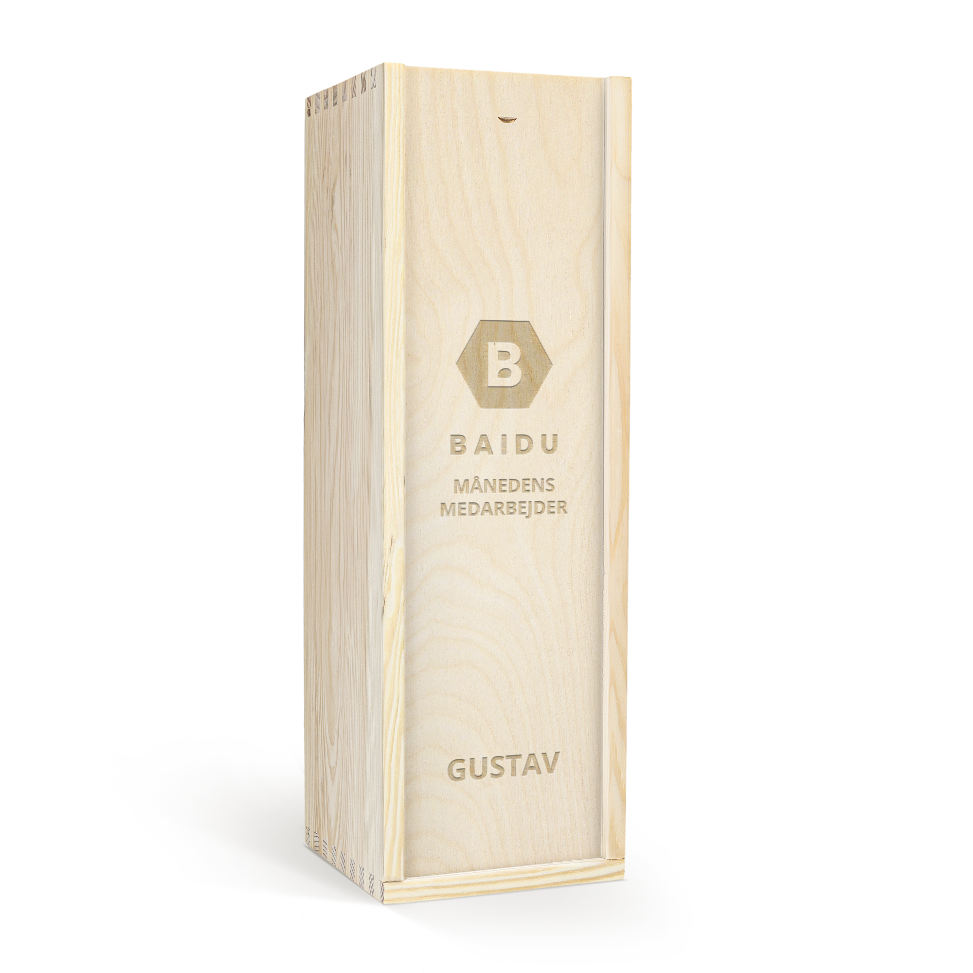 Indgraveret trææske med Highland Park 12-års whisky, personliggjort med teksten BAIDU og MÅNEDENS MEDARBEJDER.