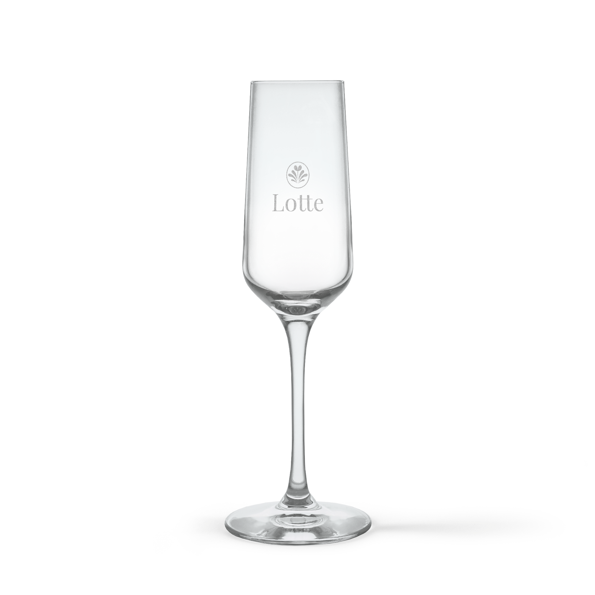 Gepersonaliseerd kristallen champagneglas met de naam Lotte en logo, gegraveerd voor proosten in stijl