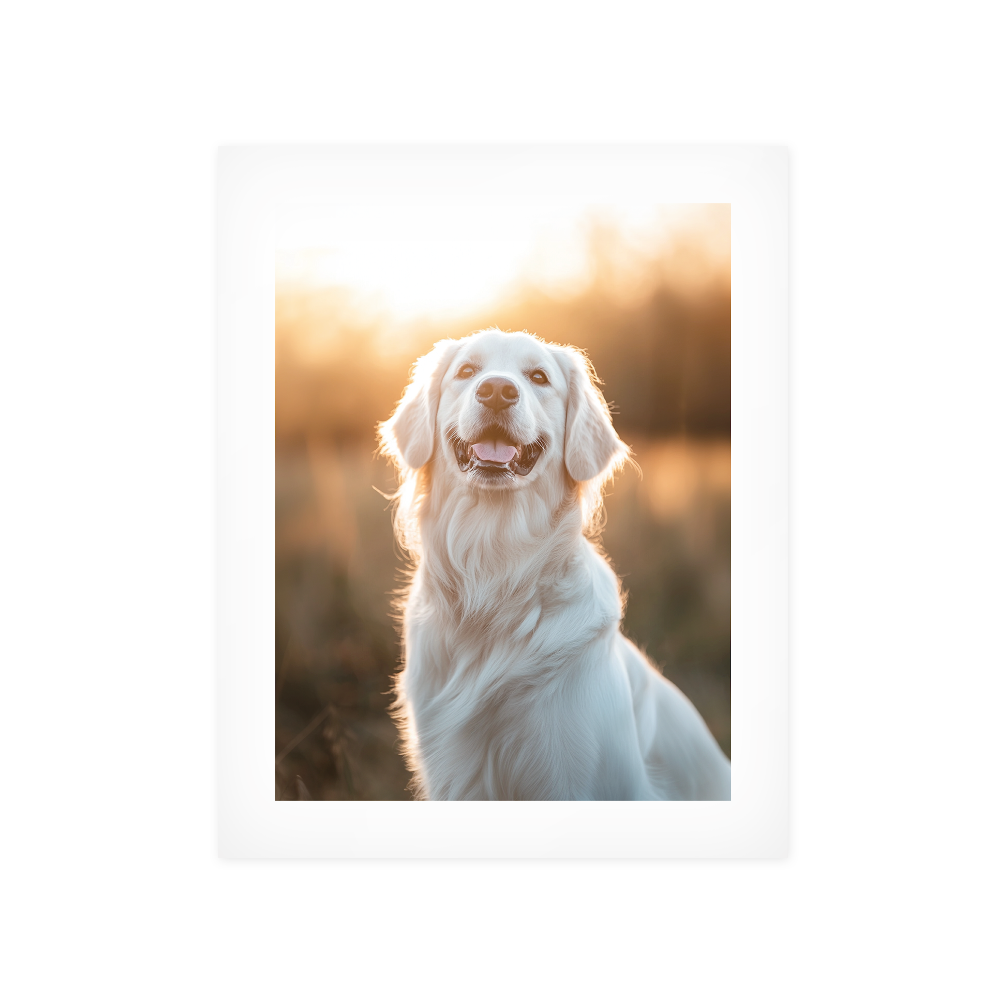 Poster con foto personalizzata di un Golden Retriever bianco seduto, stampata con un'immagine di un cane