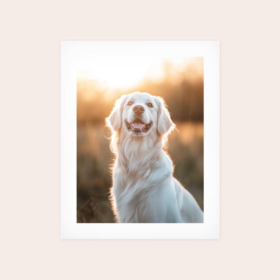 Póster Póster fotográfico personalizado con un perro golden retriever blanco sonriendo al atardecer, ideal para capturar tus momentos favoritos.