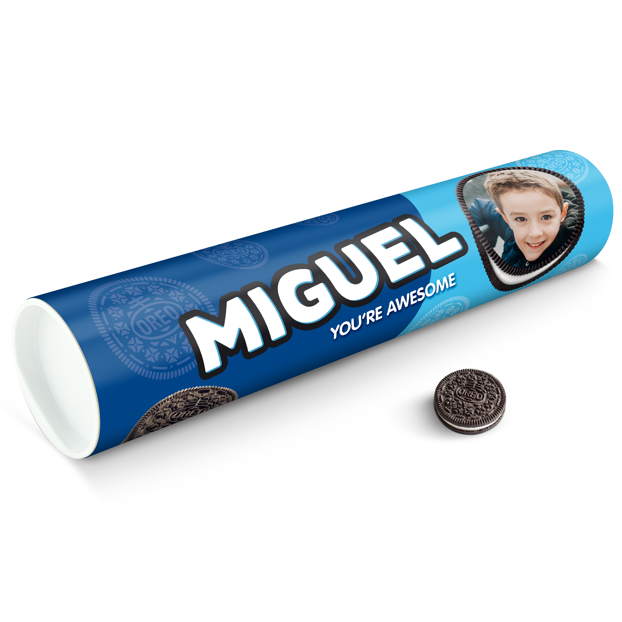 Tubo de presente XXL Oreo azul personalizado com foto de criança e nome Miguel impresso.