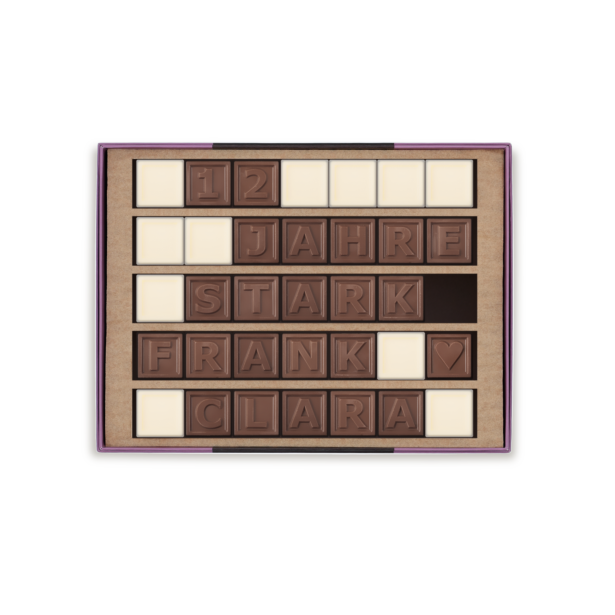 Dein persönliches Schoko-Telegramm mit den Worten 12 JAHRE STARK FRANK ❤️ CLARA, lecker!