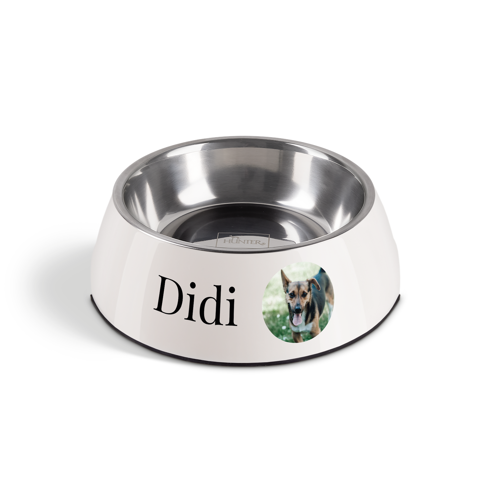 Personalisierter Futternapf in Weiß mit dem Namen Didi und einem Foto des Hundes, der spielerisch aus dem Gras schaut, bedruckt.