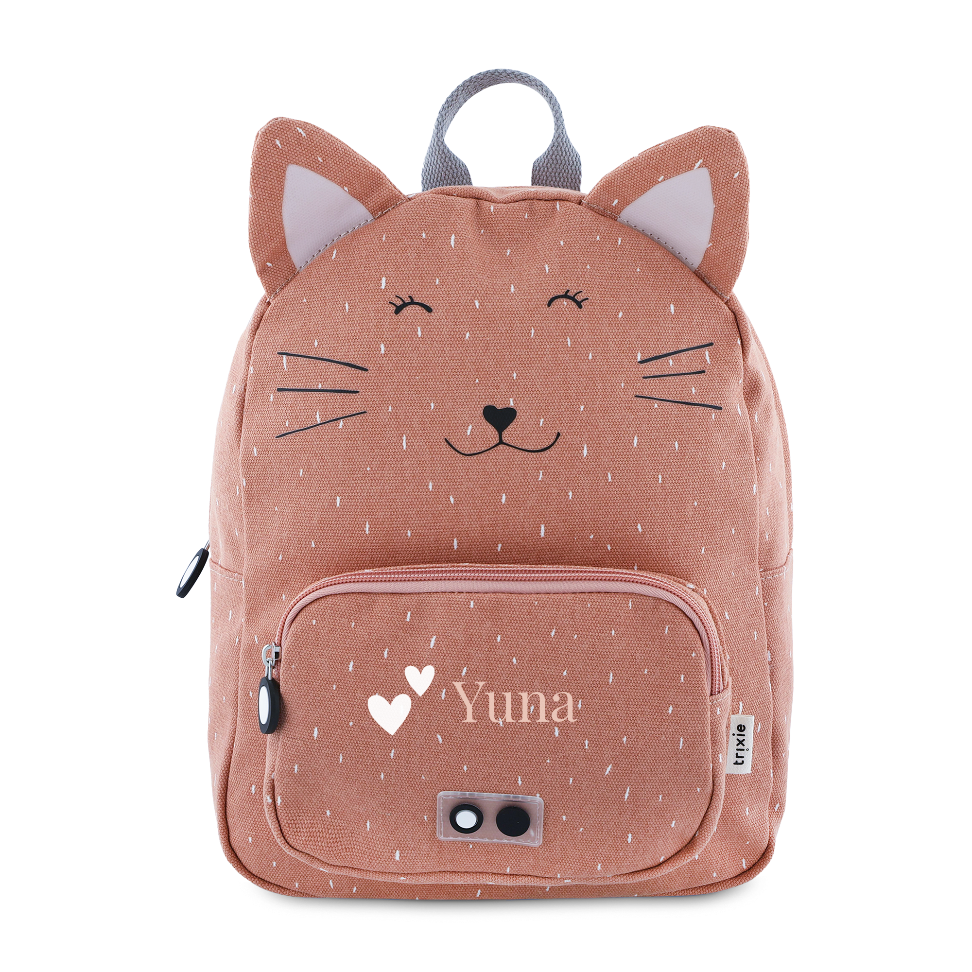 Kindergartenrucksack in Altrosa mit Katzengesicht, verstellbaren Gurten und einem aufgedruckten Namen Yuna