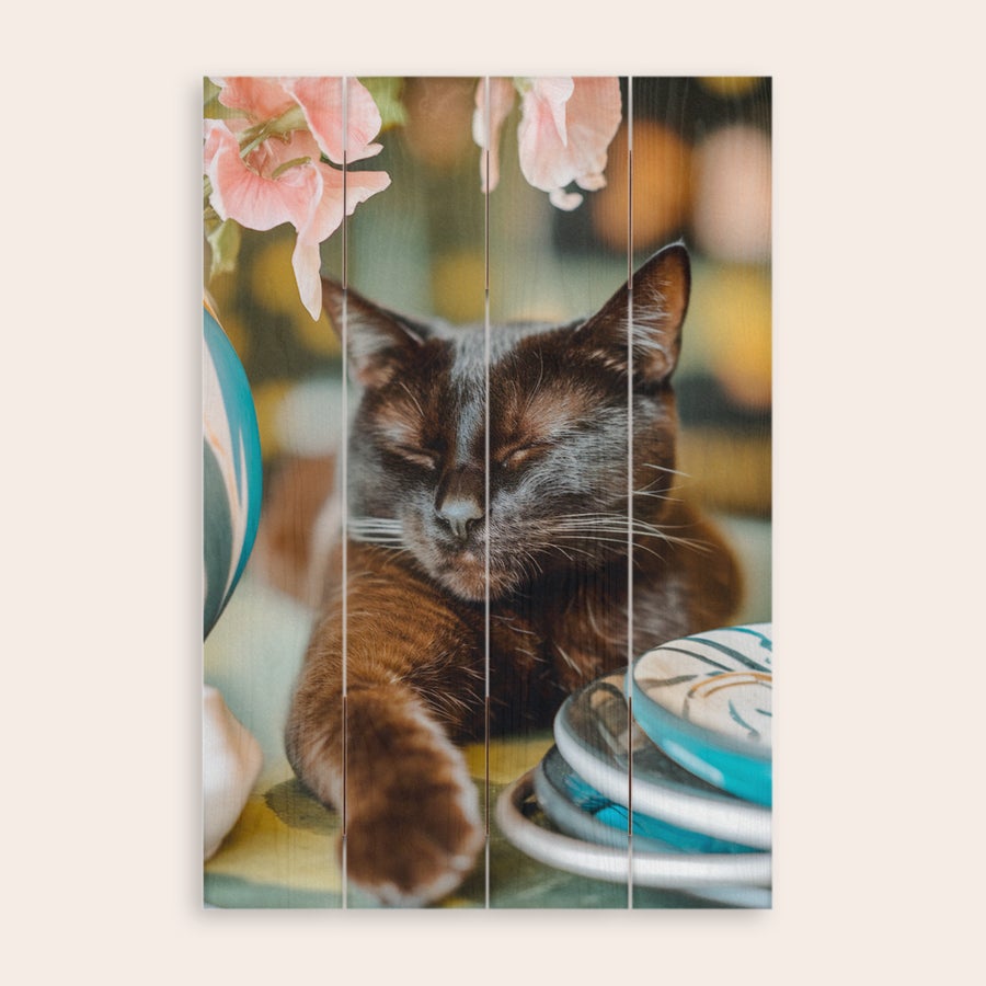 Foto på trä Fotoprint på träplankor med en sovande svart katt och ljusrosa blommor.
