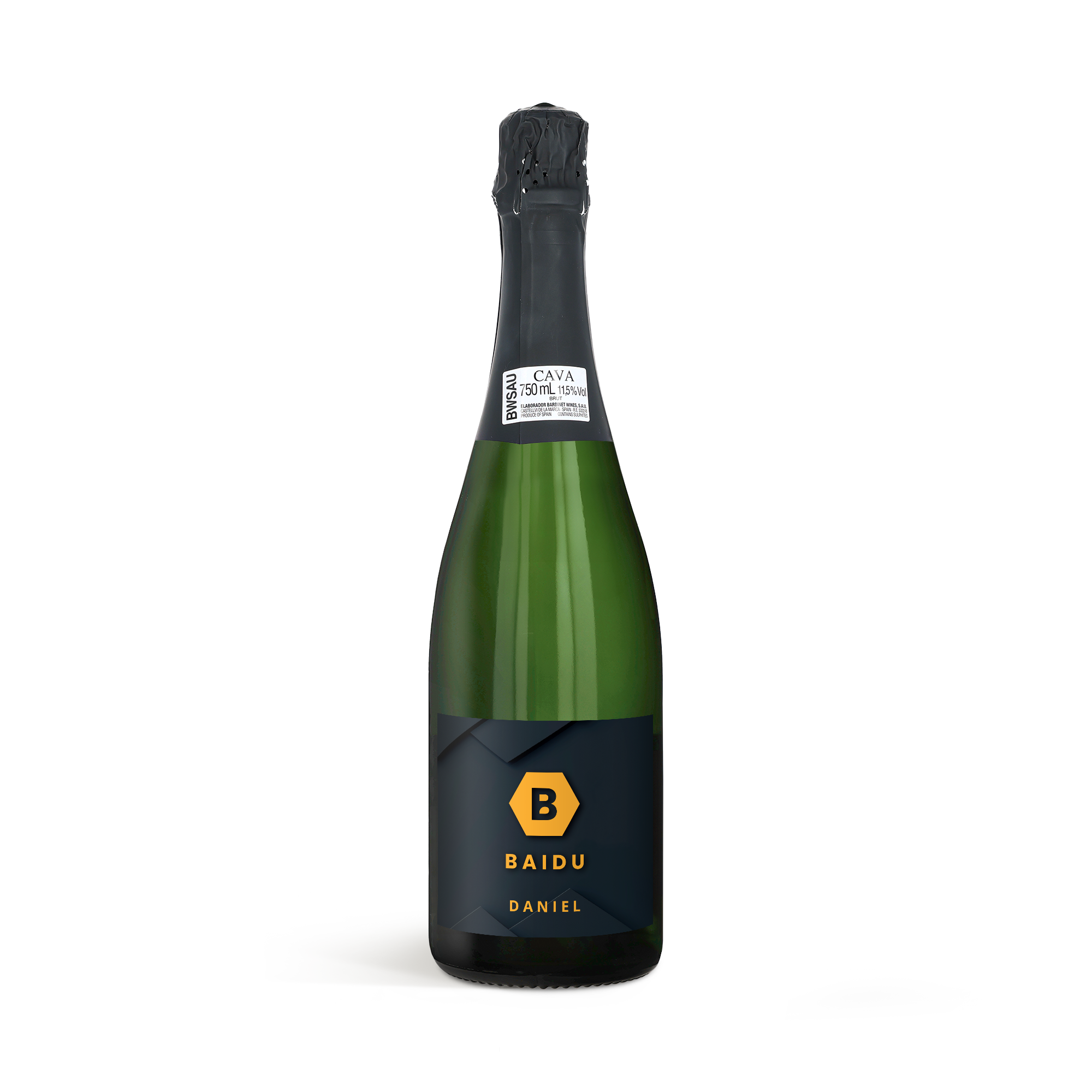 Cava med personlig etikette - Palau Gazo (750ml) med mørk etiket, gult hexagon-logo og navn Baidu Daniel trykt på flasken.