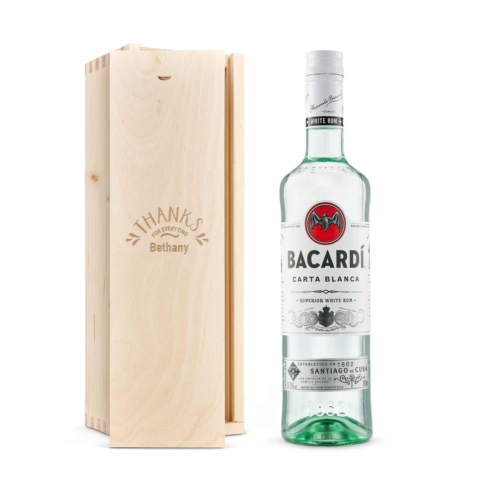 Personalised rum gift - Bacardi - White - Engraved wooden case