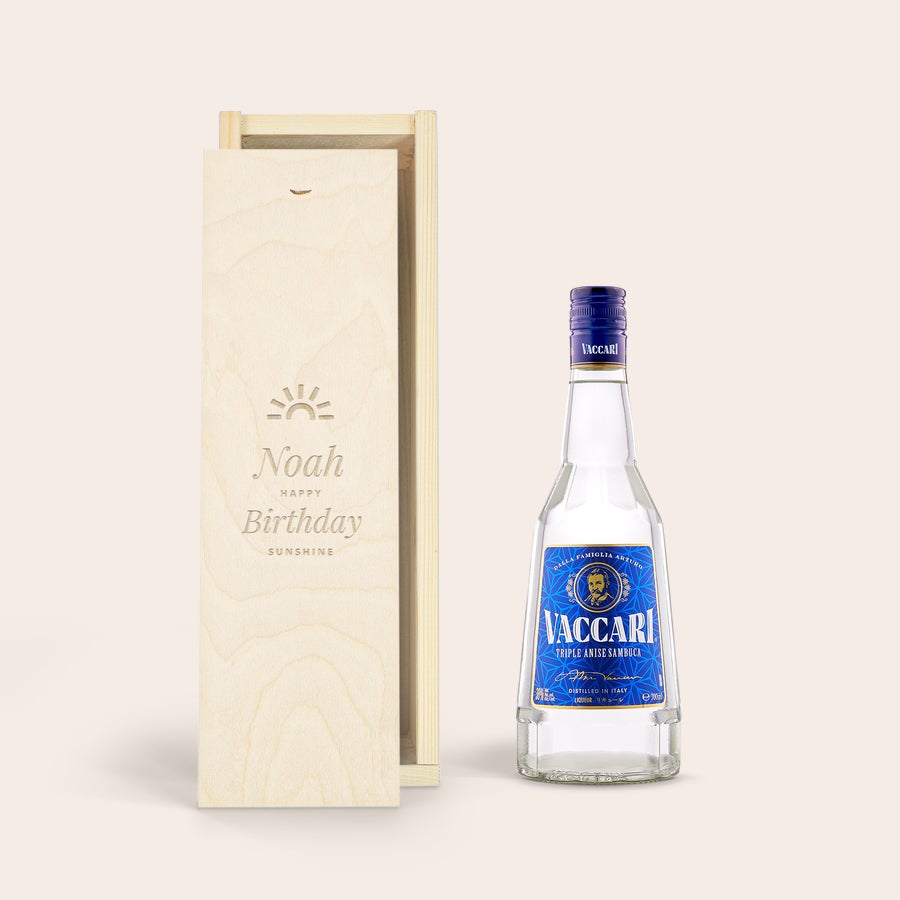 Sambuca Vaccari likeur in kist personaliseren Sambuca Vaccari likeur in kist personaliseren