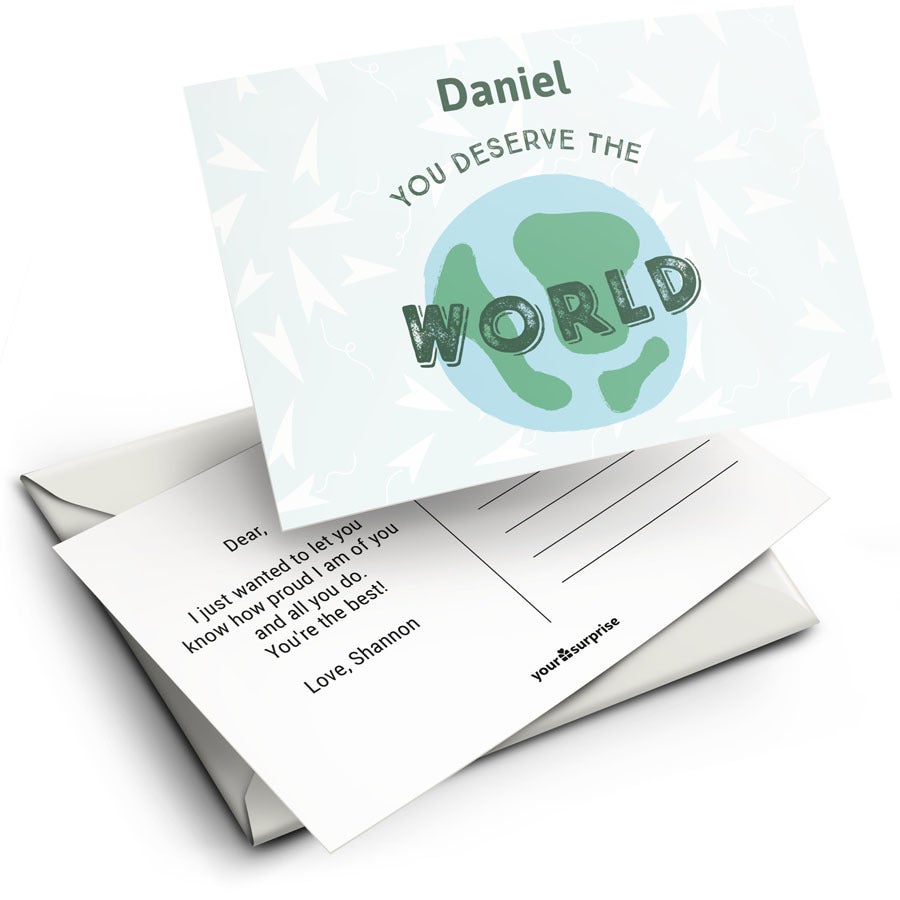 Pohľadnica na mieru s textom "Daniel You Deserve The World" a osobným poďakovaním