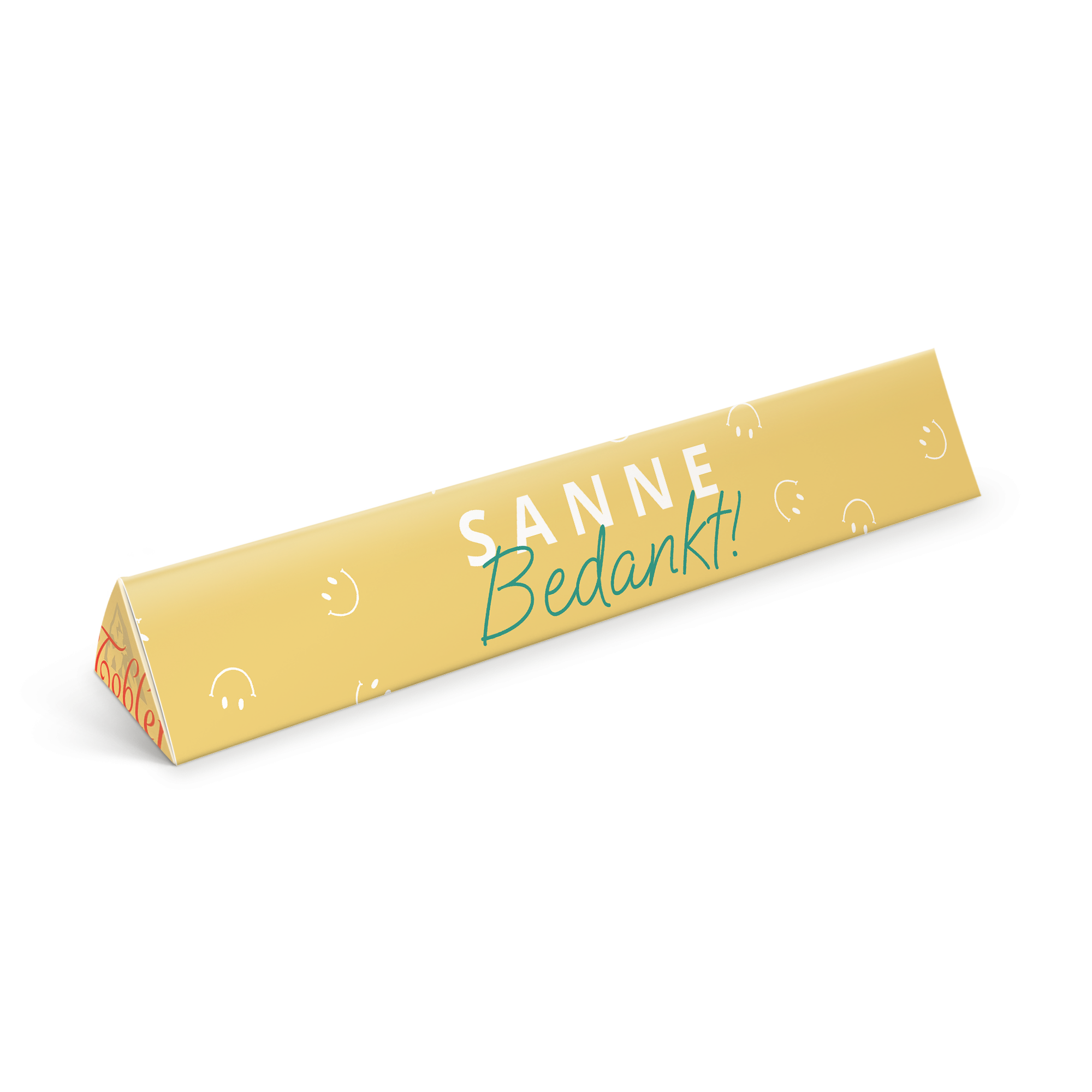 Gepersonaliseerde Toblerone chocoladereep met de tekst "SANNE Bedankt!" en smilies, bedrukt op de wikkel