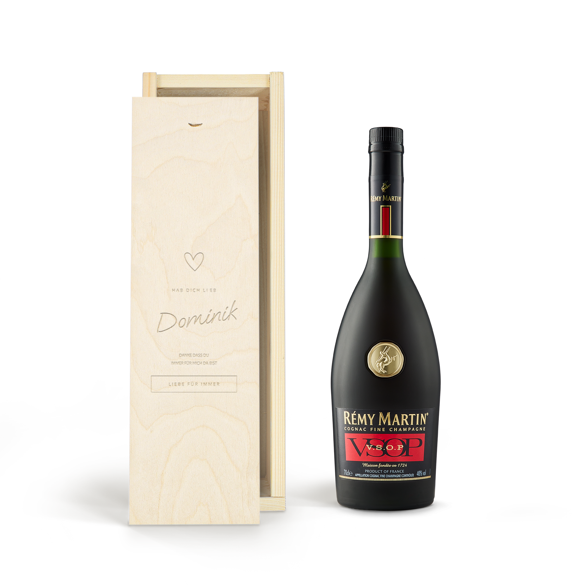 Flasche Remy Martin VSOP Cognac in personalisierter Holzkiste mit graviertem Namen Dominik und Grüßen