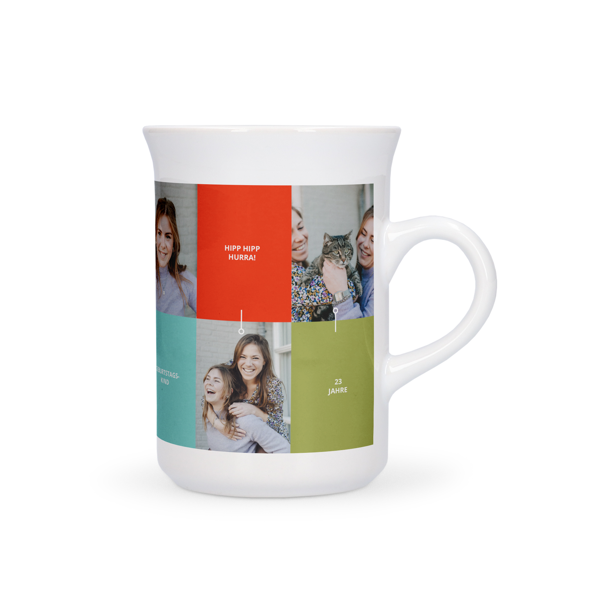 Personalisierte Tasse mit geschwungenem Rand bedruckt mit Fotos und Text "HIPP HIPP HURRA!" und "23 JAHRE"