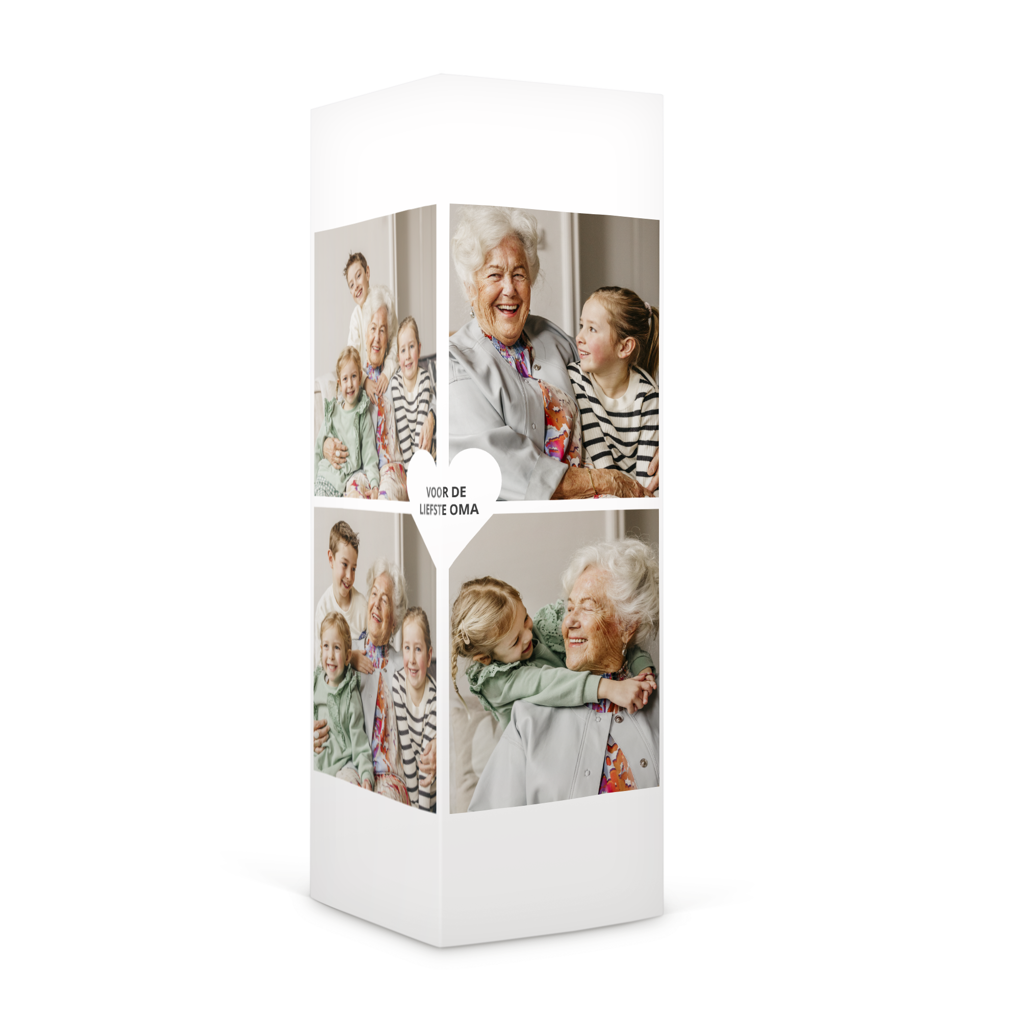 Gepersonaliseerd M&M's cadeaupakket met geprinte foto's van oma en kleinkinderen en de tekst Voor de liefste oma