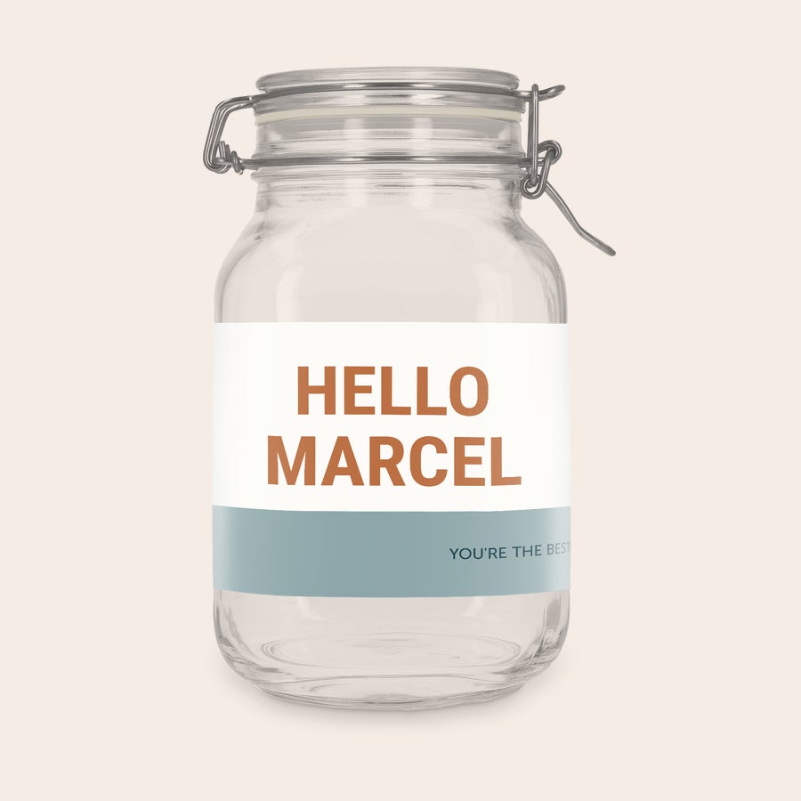 Frasco de vidro com tampa - personalizado Pote de Vidro com Tampa de 2l personalizado, com adesivo impresso com a frase "HELLO MARCEL" e "YOU'RE THE BEST"