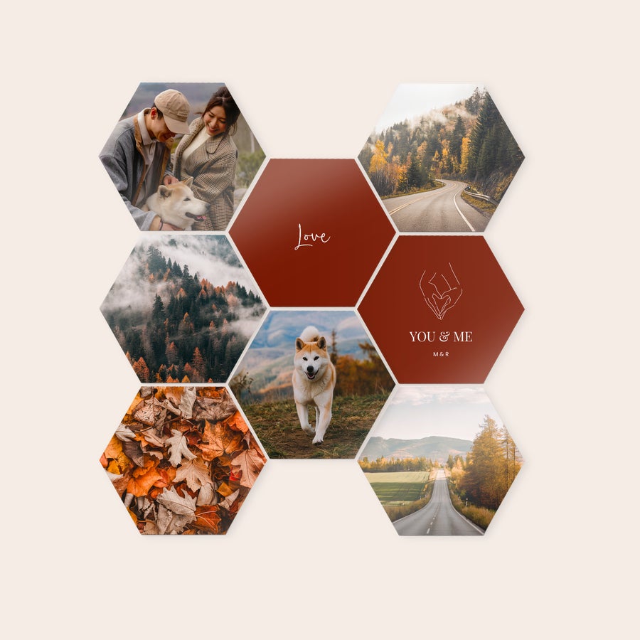 Panneaux muraux géométriques personnalisés Panneaux muraux hexagonaux personnalisés avec photos, motifs et texte Love ou You & Me pour décorer votre mur