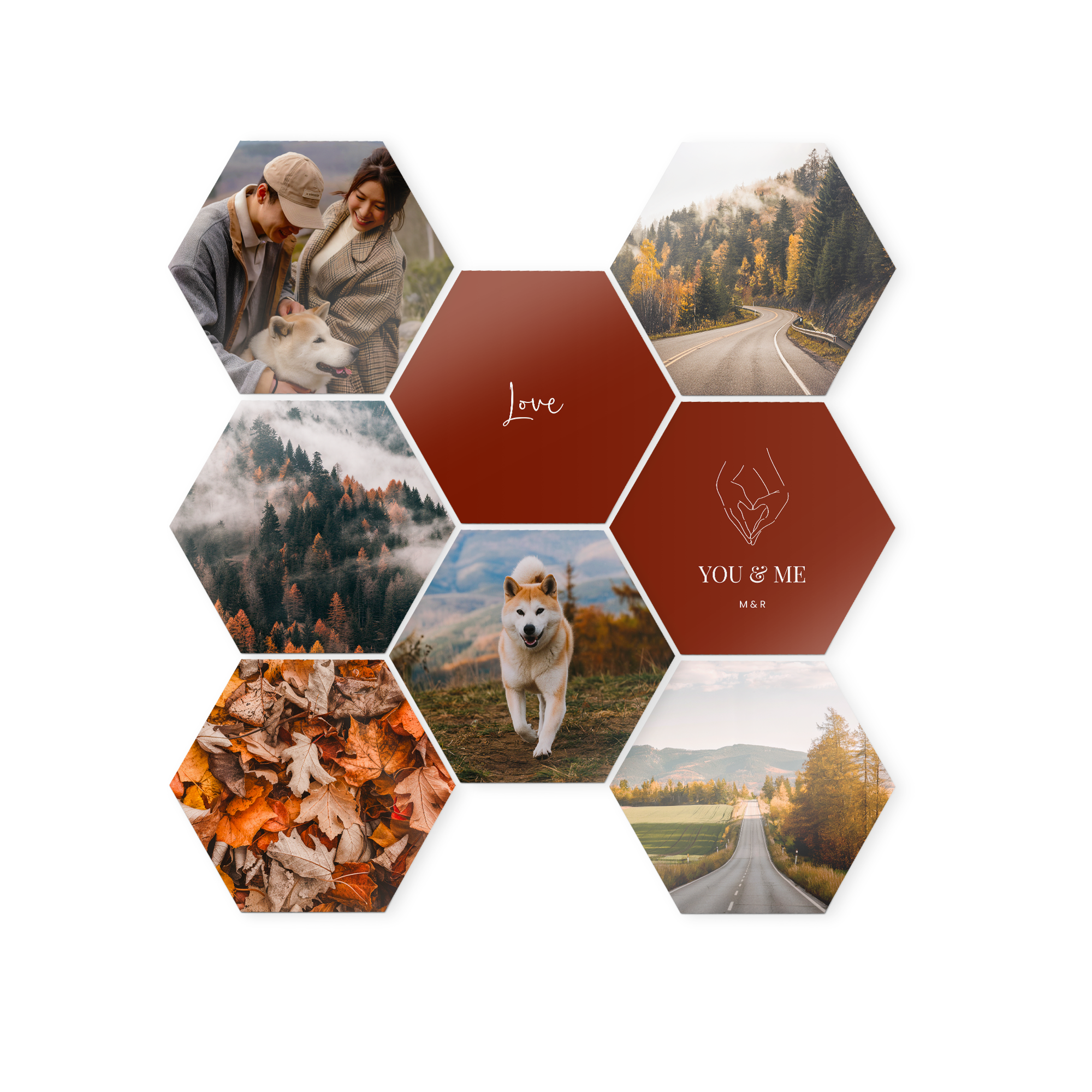 En samling hexagonformade träväggkonstpaneler med personliga fototryck av höstlandskap och texten Love och You & Me.