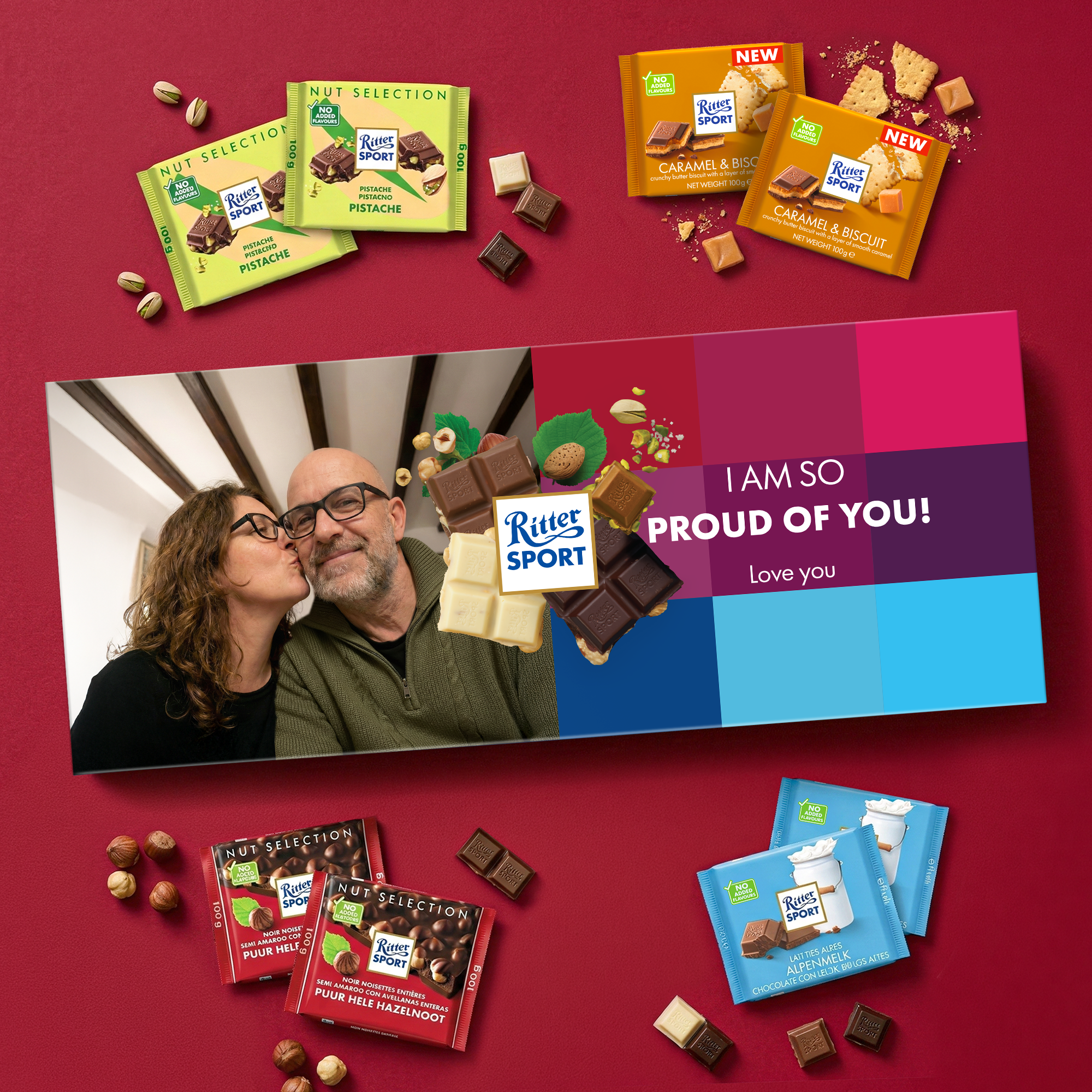 Personalised Mega Ritter Sport chocolate bar - 8 bars printed with a photo and a custom text message surrounded by the chocolate bars