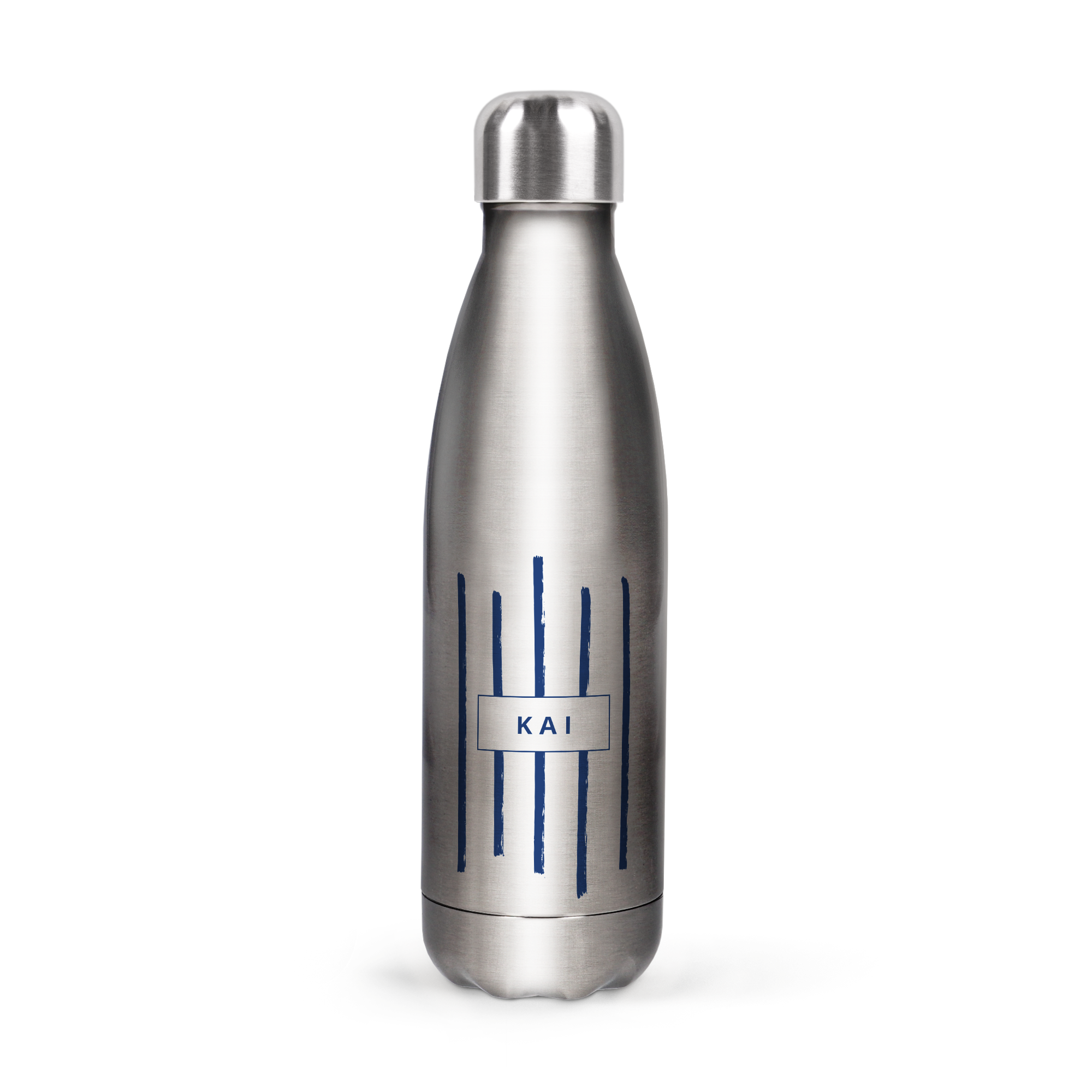 Botella de agua de aluminio con diseño azul marino y el nombre KAI impreso como regalo.