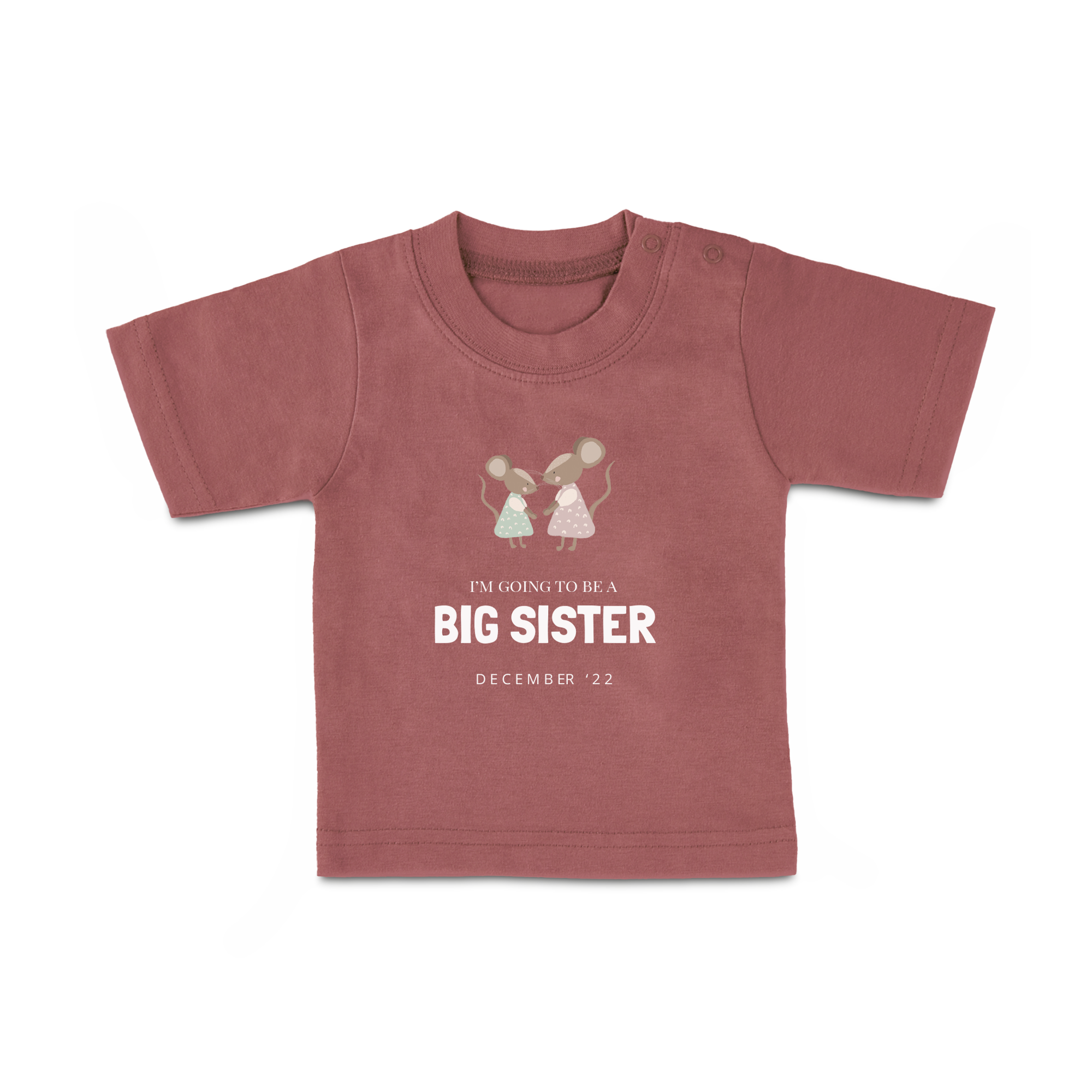 Opečno rjava otroška majica z natisnjenim napisom I'm going to be a Big Sister in December '22 in poslikavo dveh mišk.
