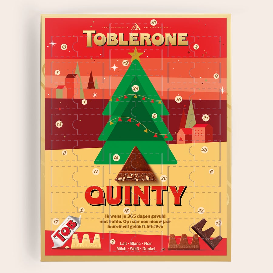 Toblerone adventskalender 2025 Je telt smullend af tot Kerstmis met een gepersonaliseerde Toblerone adventskalender bedrukt met de naam Quinty en een persoonlijke boodschap van Eva.