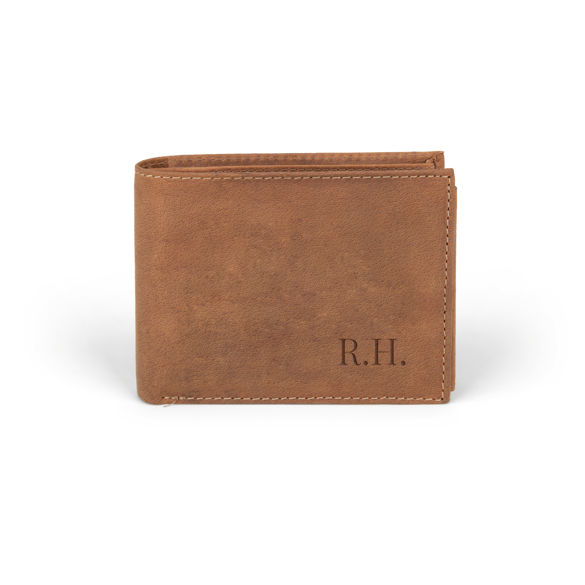 Carteira de couro marrom personalizada para homens com as iniciais gravadas RH.