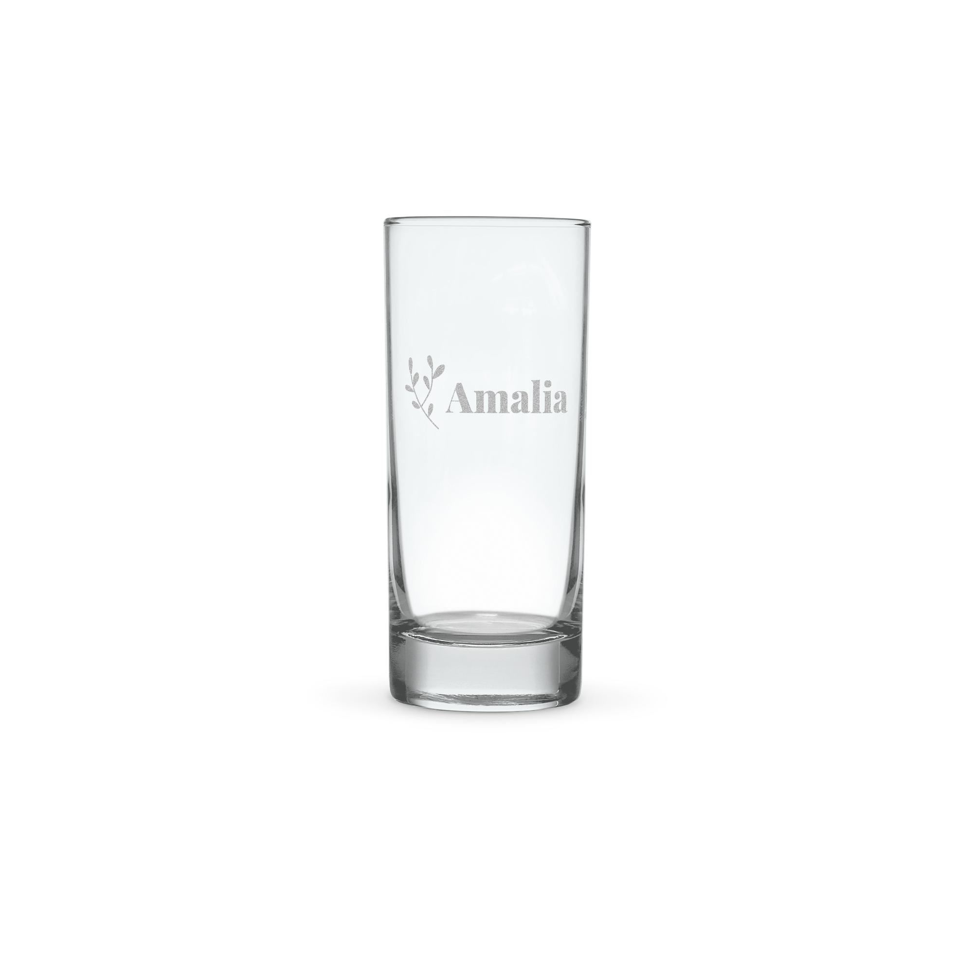 Longdrinkglass med gravert navn "Amalia" og et bladmotiv, perfekt for å personliggjøre.