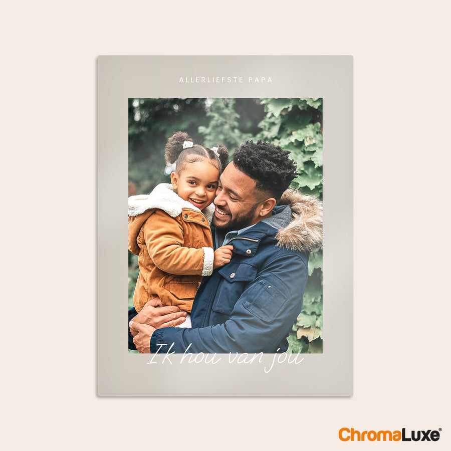 Foto collage op aluminium Jouw Instafoto's direct aan de muur op een aluminium Instacollage met foto van een vader met dochter en de tekst Allerliefste papa en Ik hou van jou, geprint op de collage.