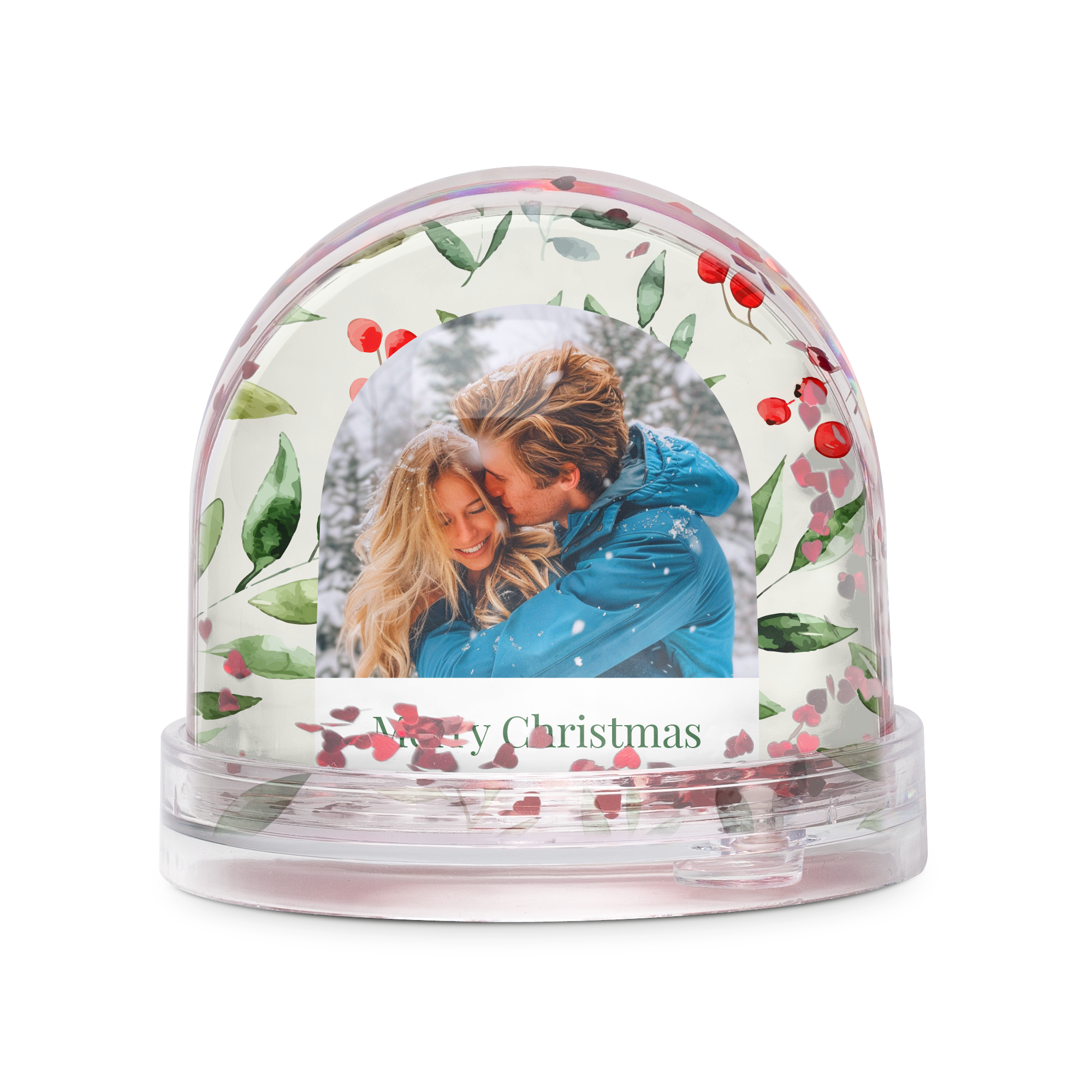 Globo de neve personalizado com foto impressa de casal e texto Merry Christmas, com corações vermelhos