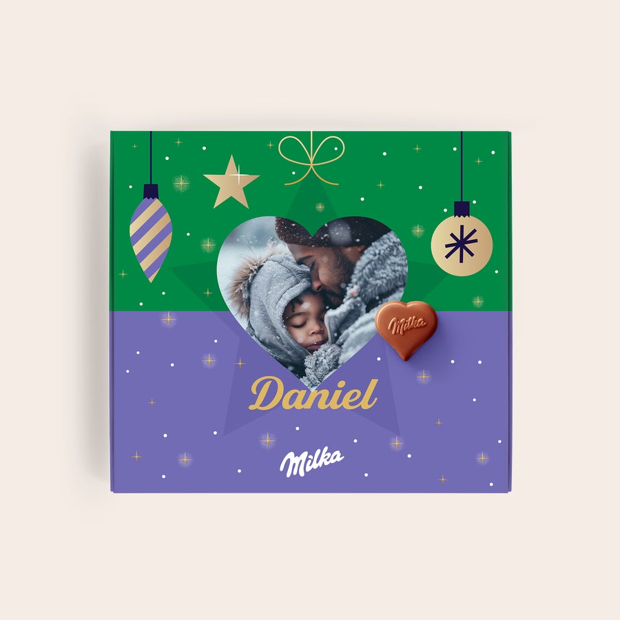 Milka Pralinky Vánoce Personalizovaná dárková krabička Milka s fotografií, jménem Daniel a čokoládovým srdcem, ideální jako vánoční dárek