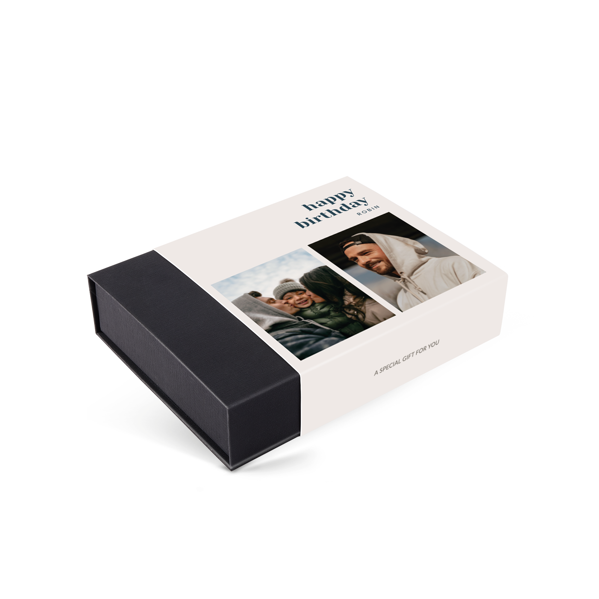 Personalized deluxe chocolates gift box with full-color photos and "happy birthday Robin" text to create sweet memories