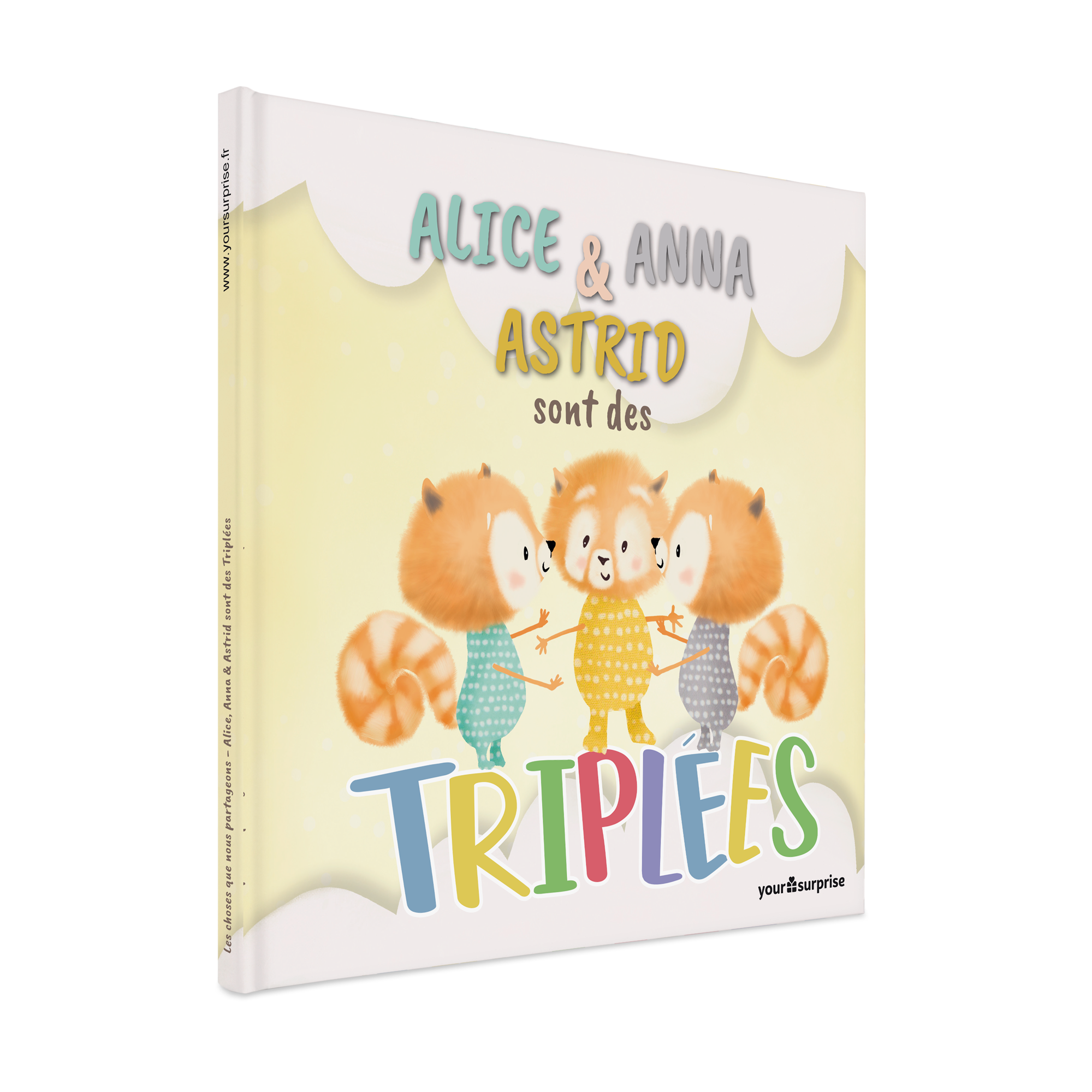 Livre personnalisé Alice, Anna & Astrid sont des triplées avec 3 ratons laveurs sur la couverture
