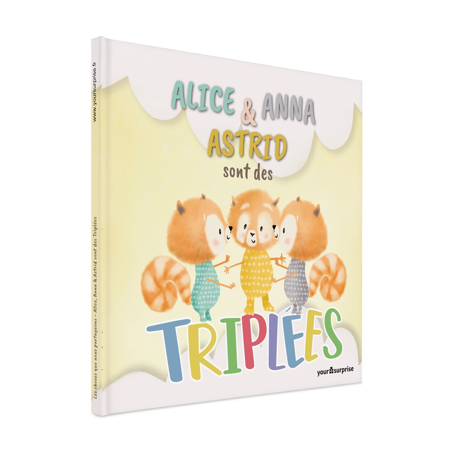 Jumeaux ou Triplés - Livre personnalisé Livre personnalisé Alice, Anna & Astrid sont des triplées avec 3 ratons laveurs sur la couverture