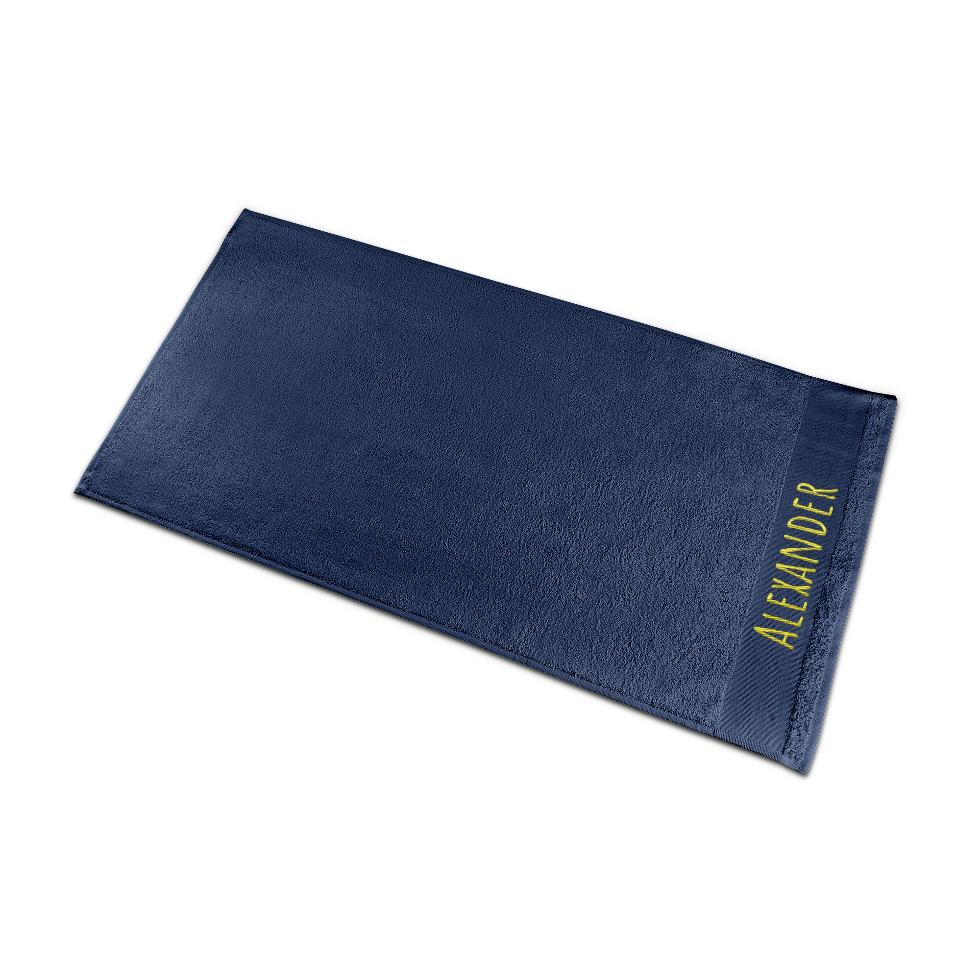 Modra super mehka brisača z vezenim imenom Alexander v rumeni barvi