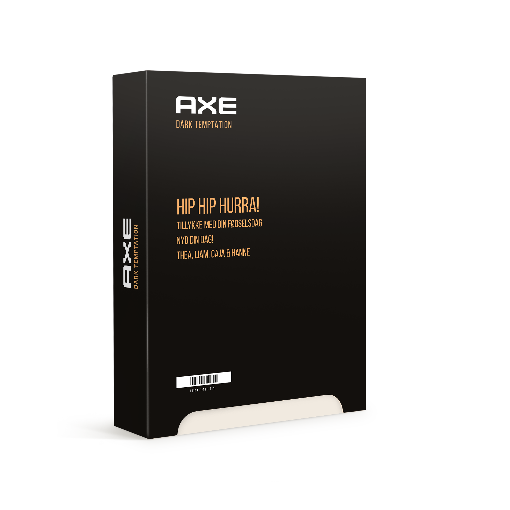 Coffret cadeau personnalisé Axe - Dark Temptation imprimé avec un message "Hip Hip Hurra!" et des prénoms.