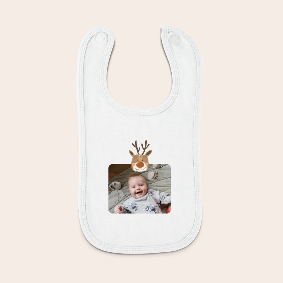 Babete de Natal - branco - estampado Babete de Natal personalizado com foto de bebê sorridente e design de rena para seu bebê