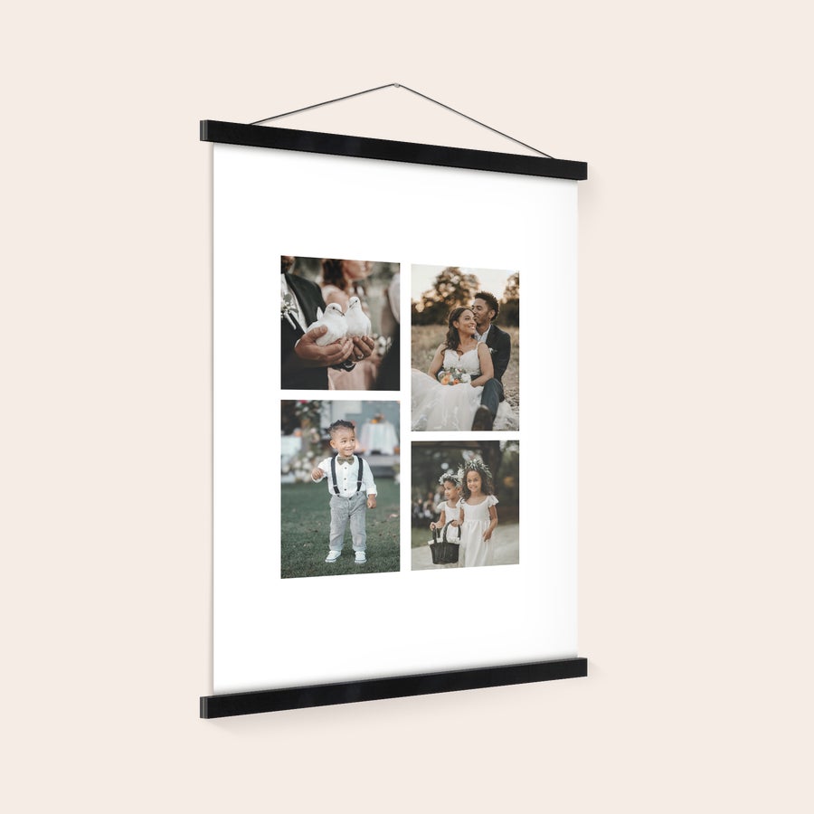 Póster personalizado con colgador Póster con cuatro fotos impresas con colgador magnético negro, personalizable para colgar tu foto favorita en la pared.