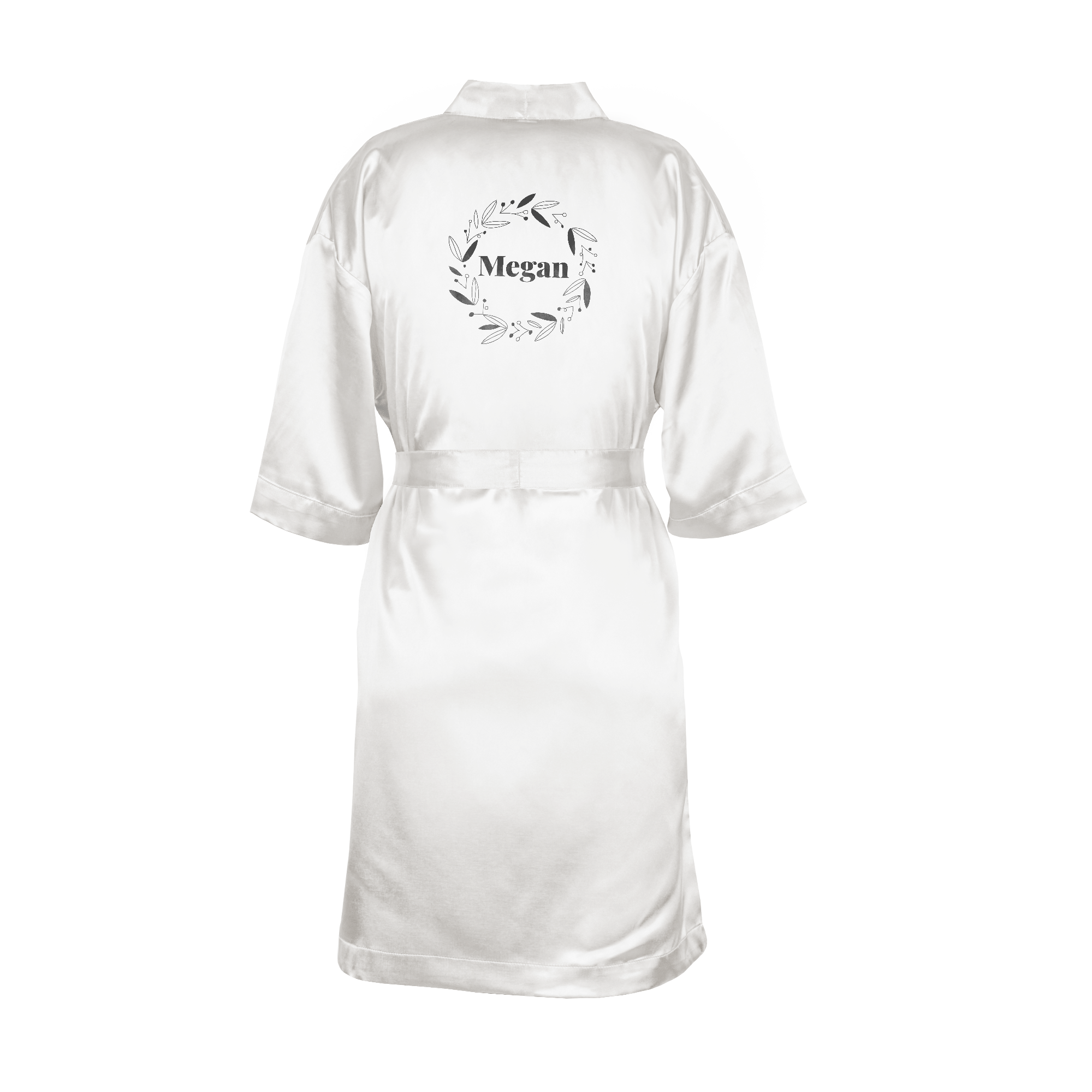White personalised kimono printed with a black wreath design and the name Megan in the center