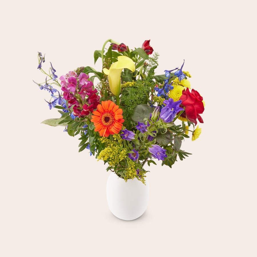 Blumen - Pflückblumen Bunt Farbenfroher Strauß Pflückblumen mit roten Rosen, gelben Calla und personalisierbarer Geschenkkarte