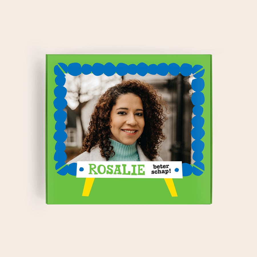 Tony's Chocolonely personaliseren Groene Tony's Chocolonely Karamel-Zeezout giftbox met foto, naam Rosalie en tekst ‘beter schap!’, gepersonaliseerd met foto en tekst