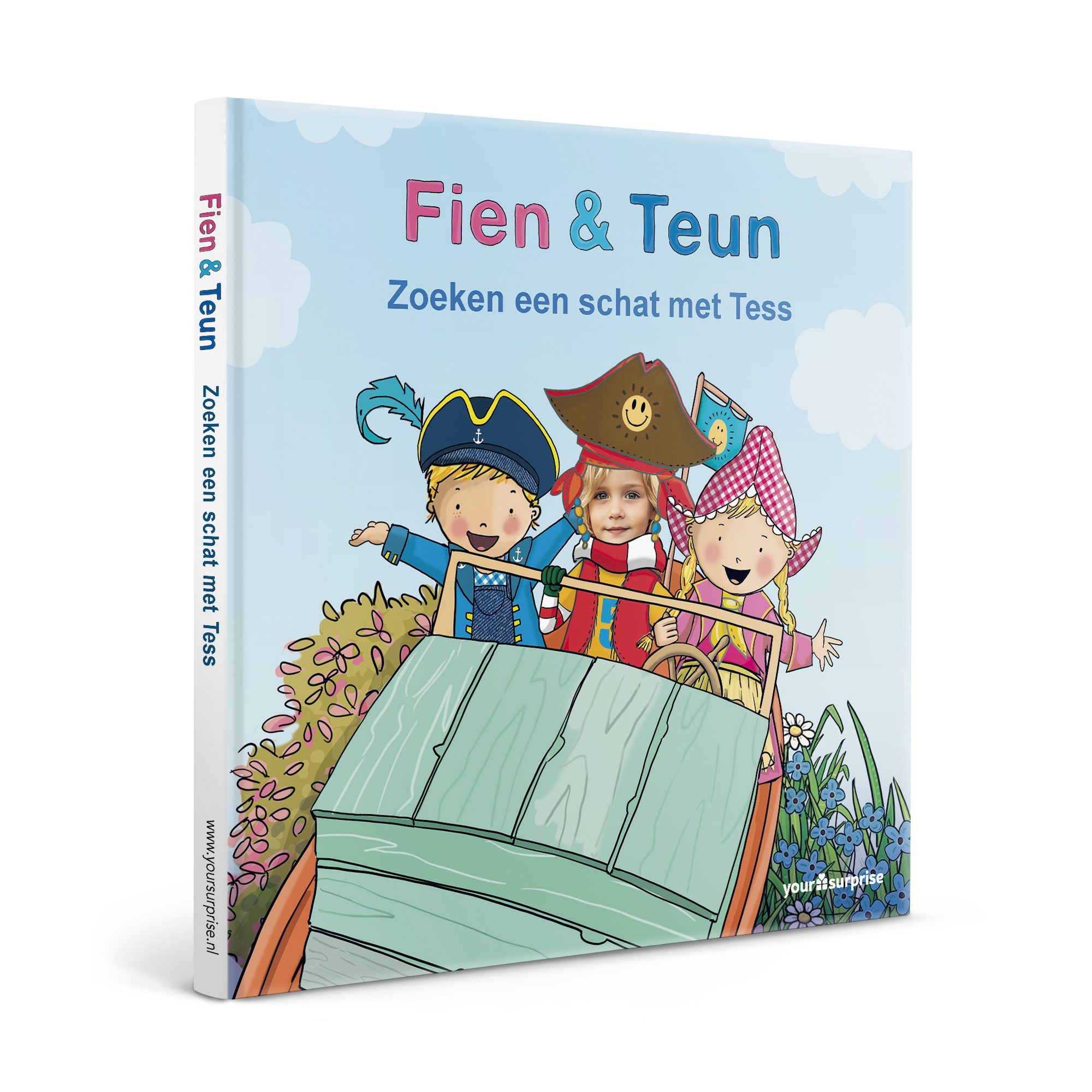 Fien en Teun ga op schattenjacht samen met Fien en Teun in dit boek met naam en foto, gepersonaliseerd met kindje Tess op de kaft als piraat