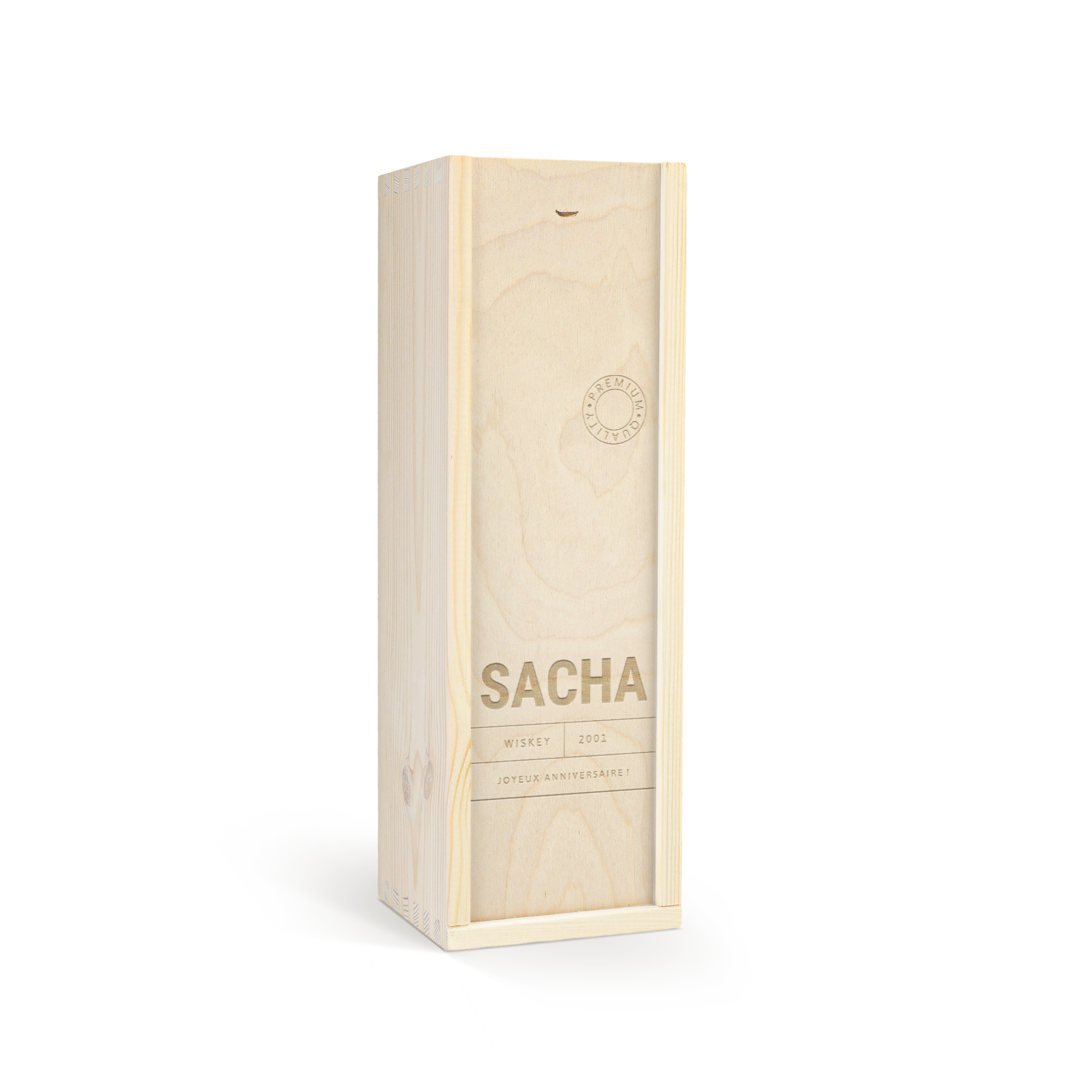 Boîte à whisky en bois gravée personnalisée, avec le nom SACHA et "JOYEUX ANNIVERSAIRE !"