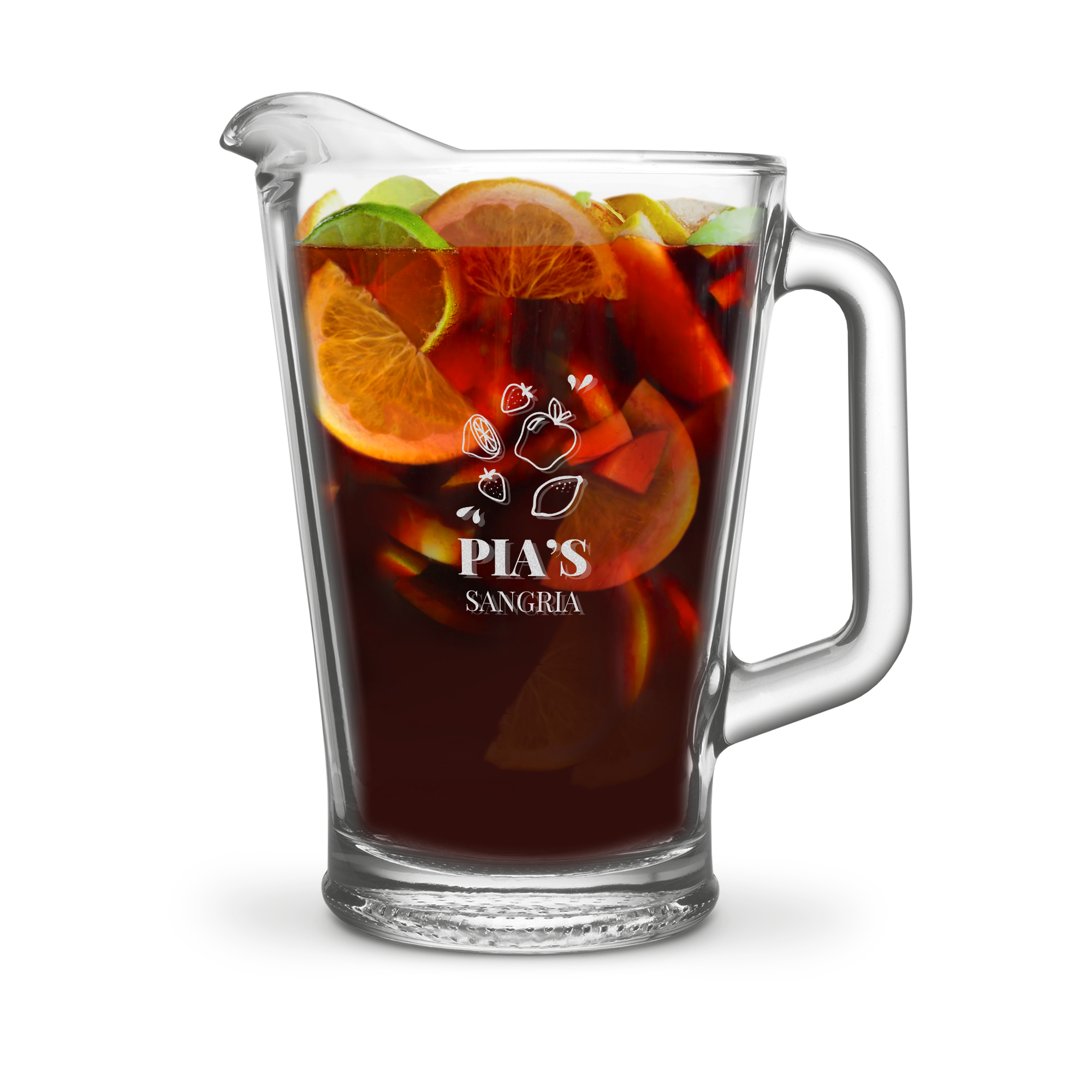 Glaskrug mit Text deiner Wahl, graviert mit "Pia's Sangria" und Fruchtsymbolen, gefüllt mit Sangria