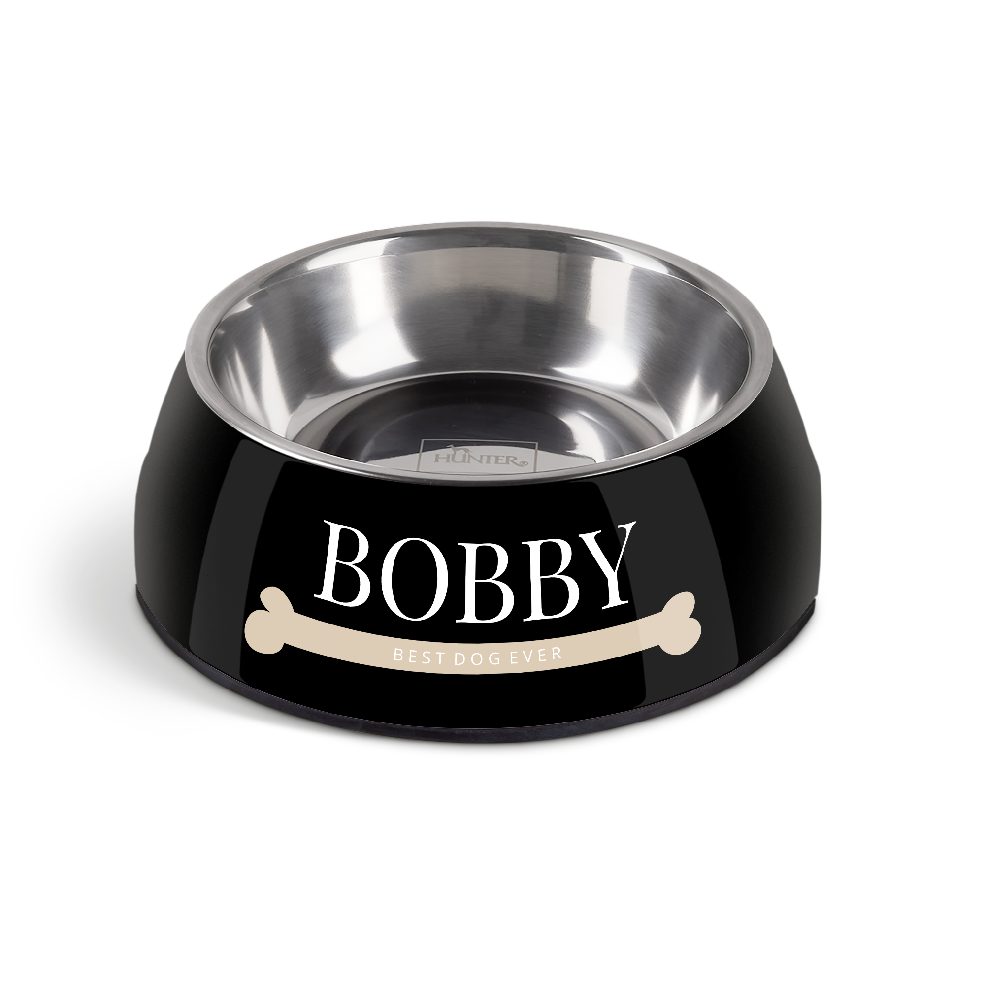Tigela de comida de cachorro preta e inox com nome Bobby e frase "Best Dog Ever" impressos.