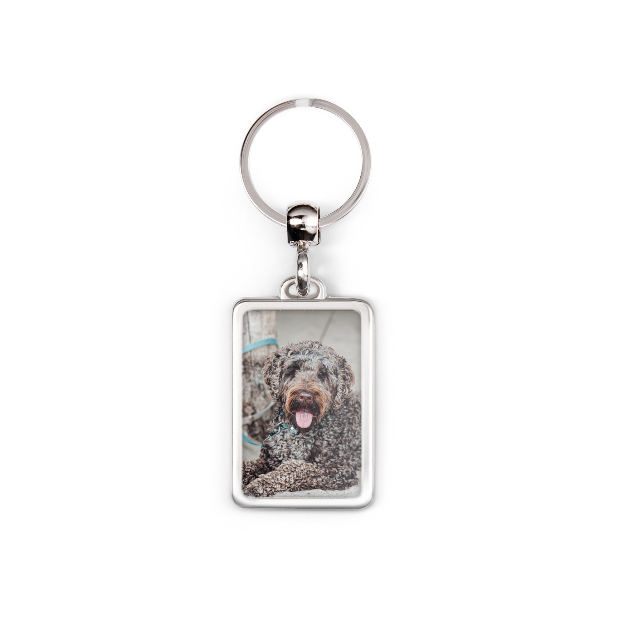 En rektangulær nøglering af metal med et foto af en brun hund med åben mund. Lav din egen nøglering med foto.